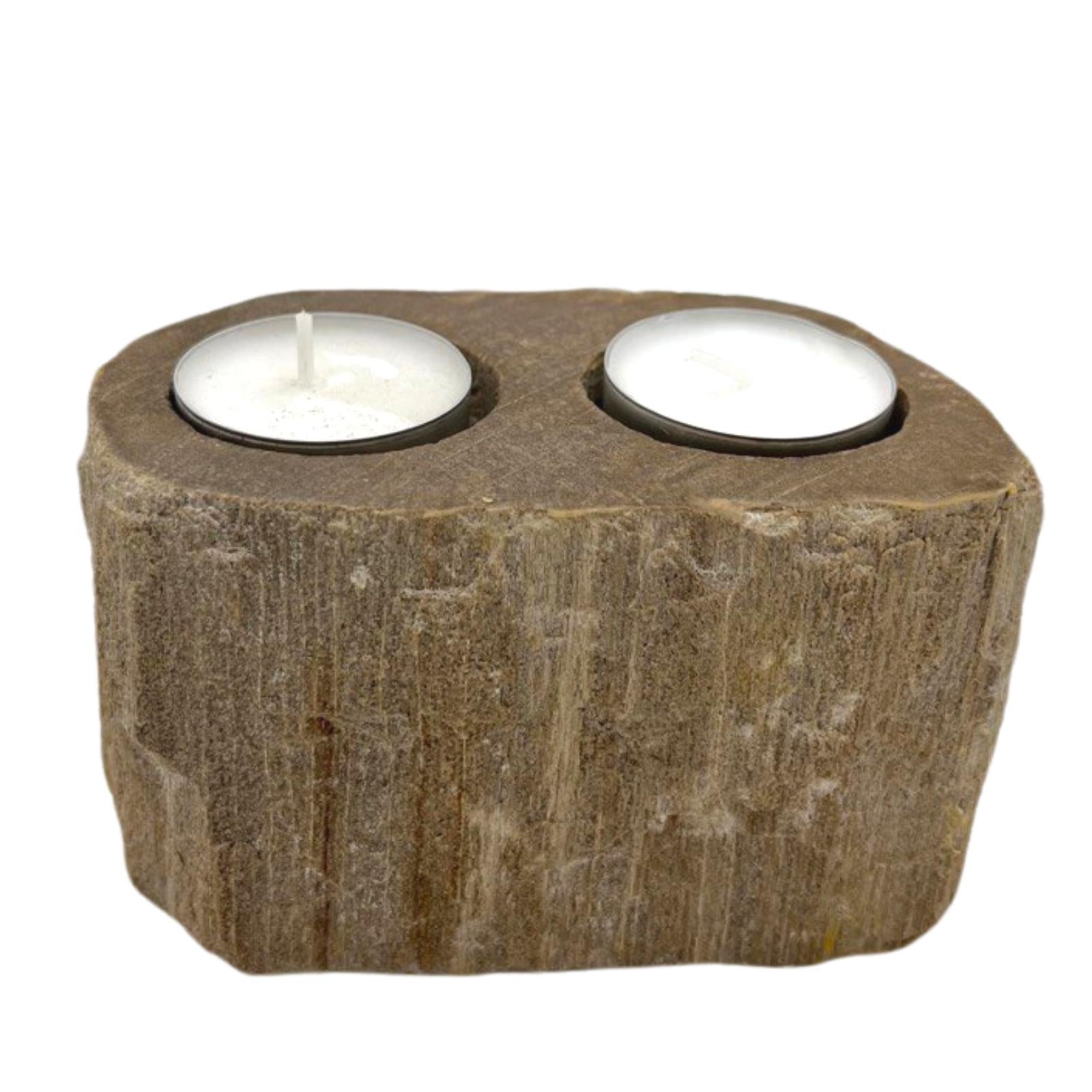 Double petrified wood candle holder – rustic holder for two tea lights