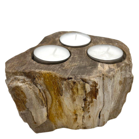 Triple petrified wood candle holder – natural centrepiece for three tea lights