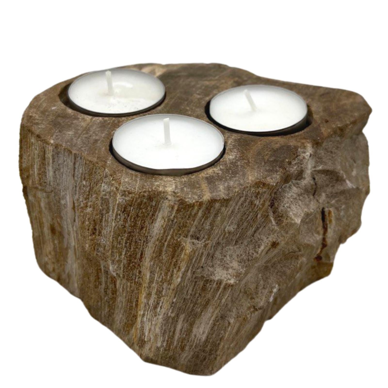 Triple petrified wood candle holder – natural centrepiece for three tea lights
