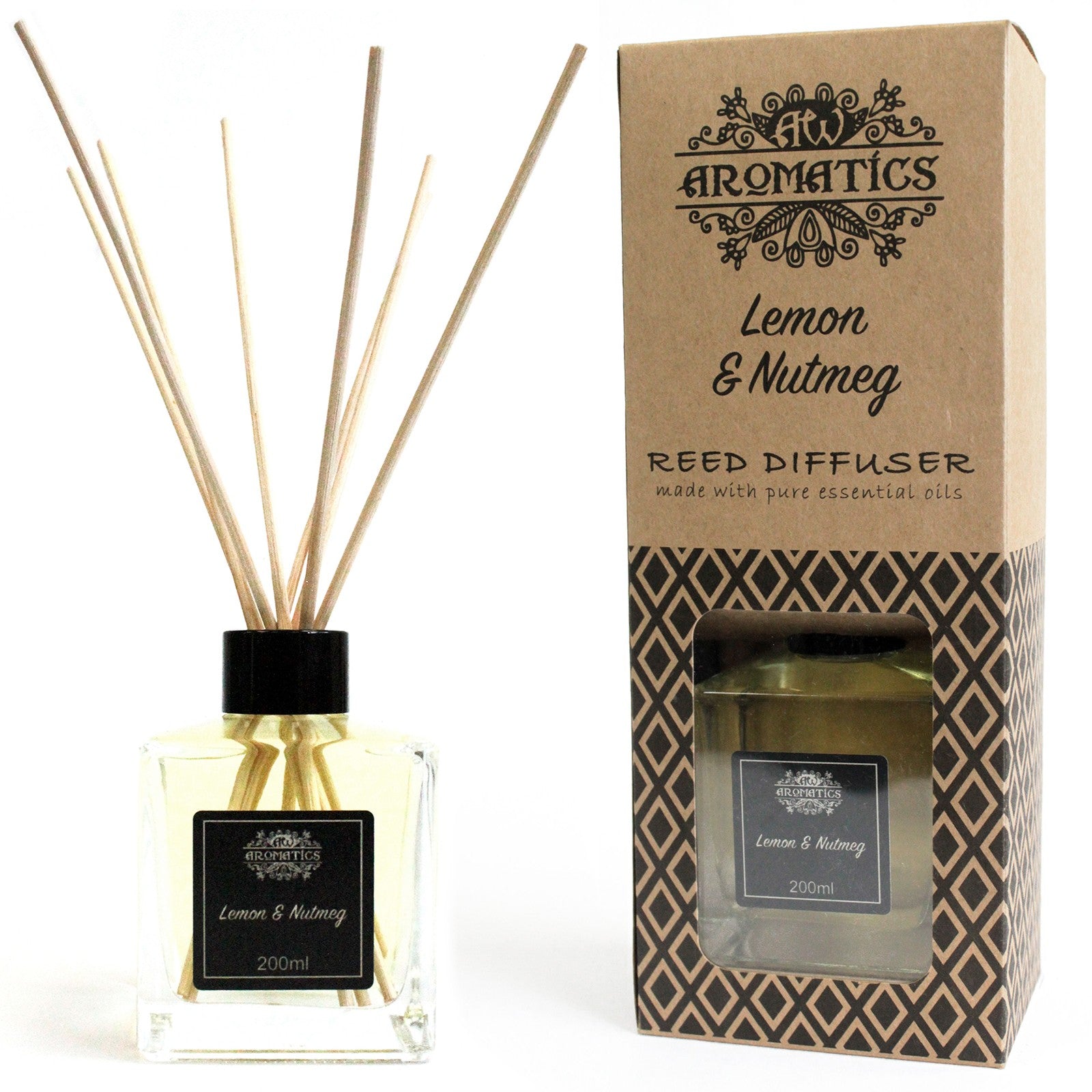 Reed diffuser with Lemon & Nutmeg essential oils – 200ml glass bottle in gift box

