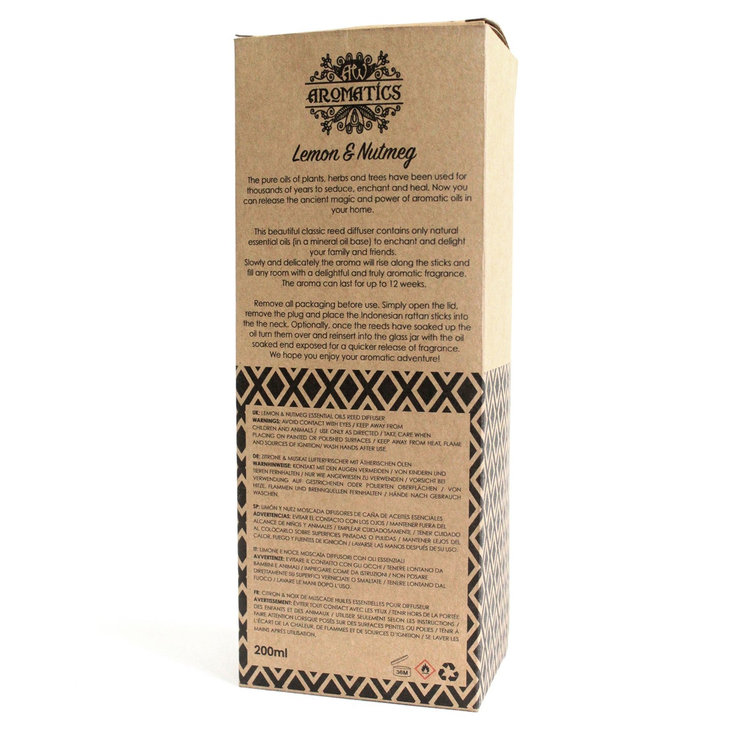 Reed diffuser with Lemon & Nutmeg essential oils – 200ml glass bottle in gift box

