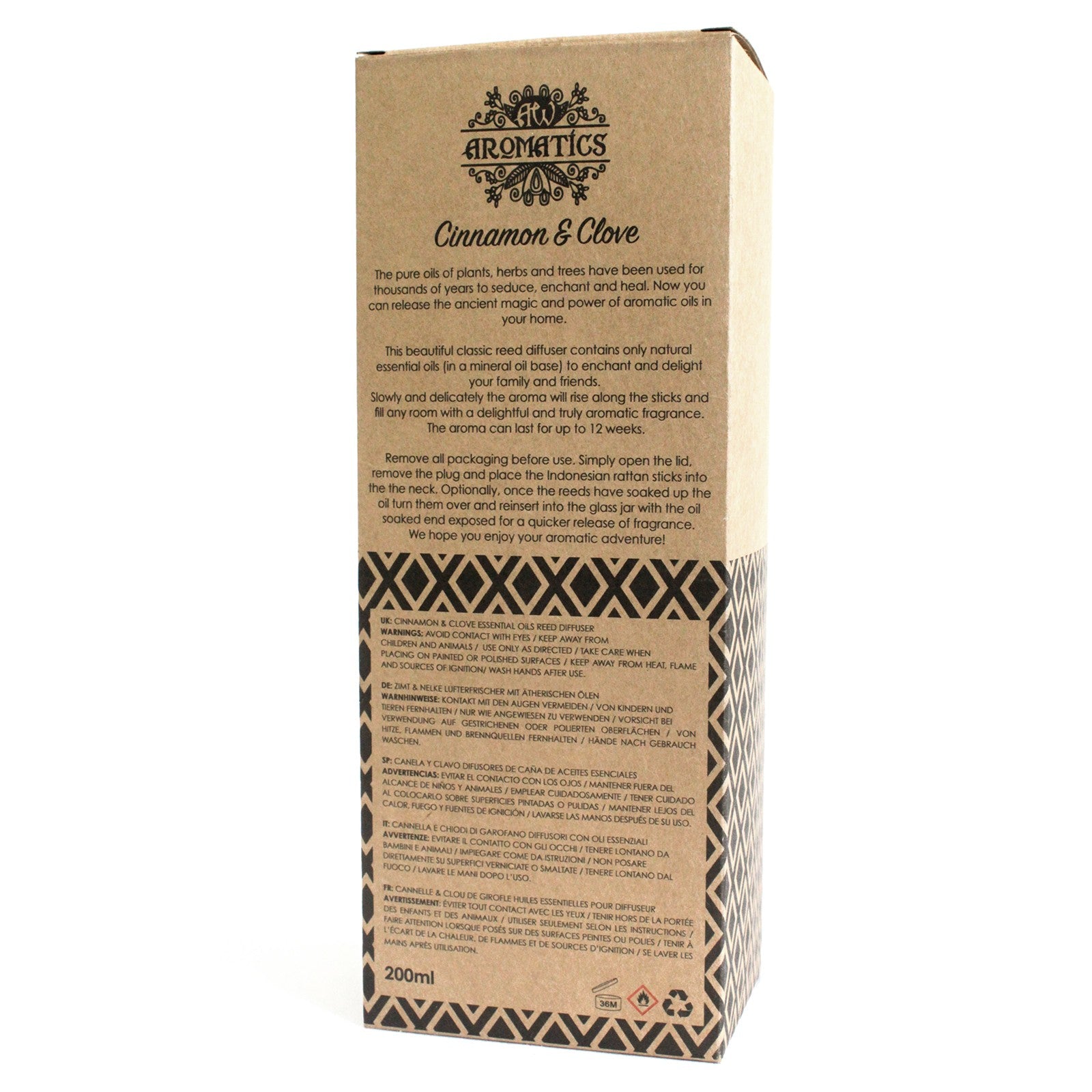 Reed diffuser with Cinnamon & Clove essential oils – 200ml warm spice scent in gift box

