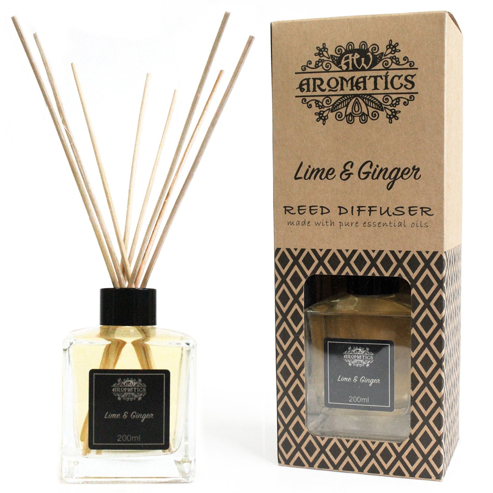 200ml reed diffuser with Lime & Ginger essential oils in a boxed glass bottle

