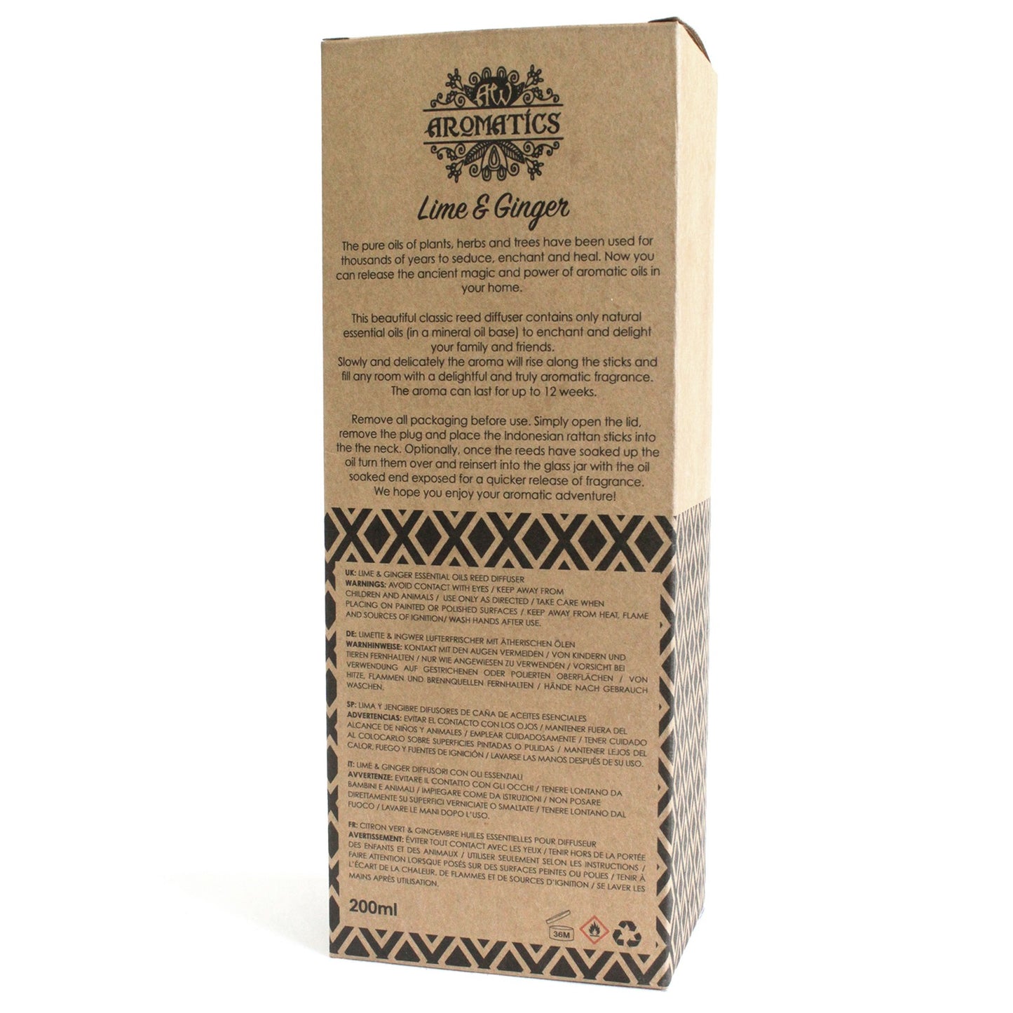 200ml reed diffuser with Lime & Ginger essential oils in a boxed glass bottle

