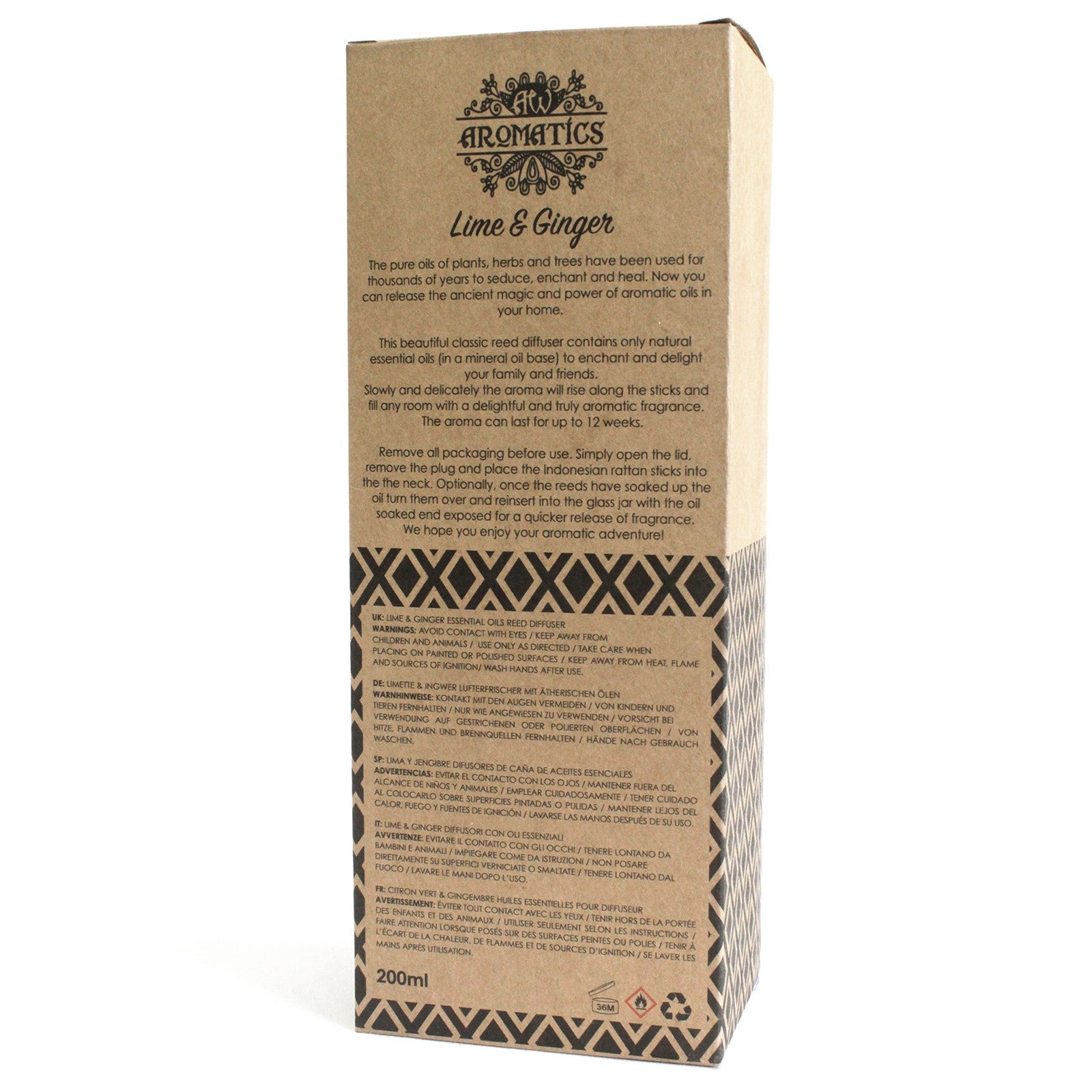 200ml reed diffuser with Lime & Ginger essential oils in a boxed glass bottle

