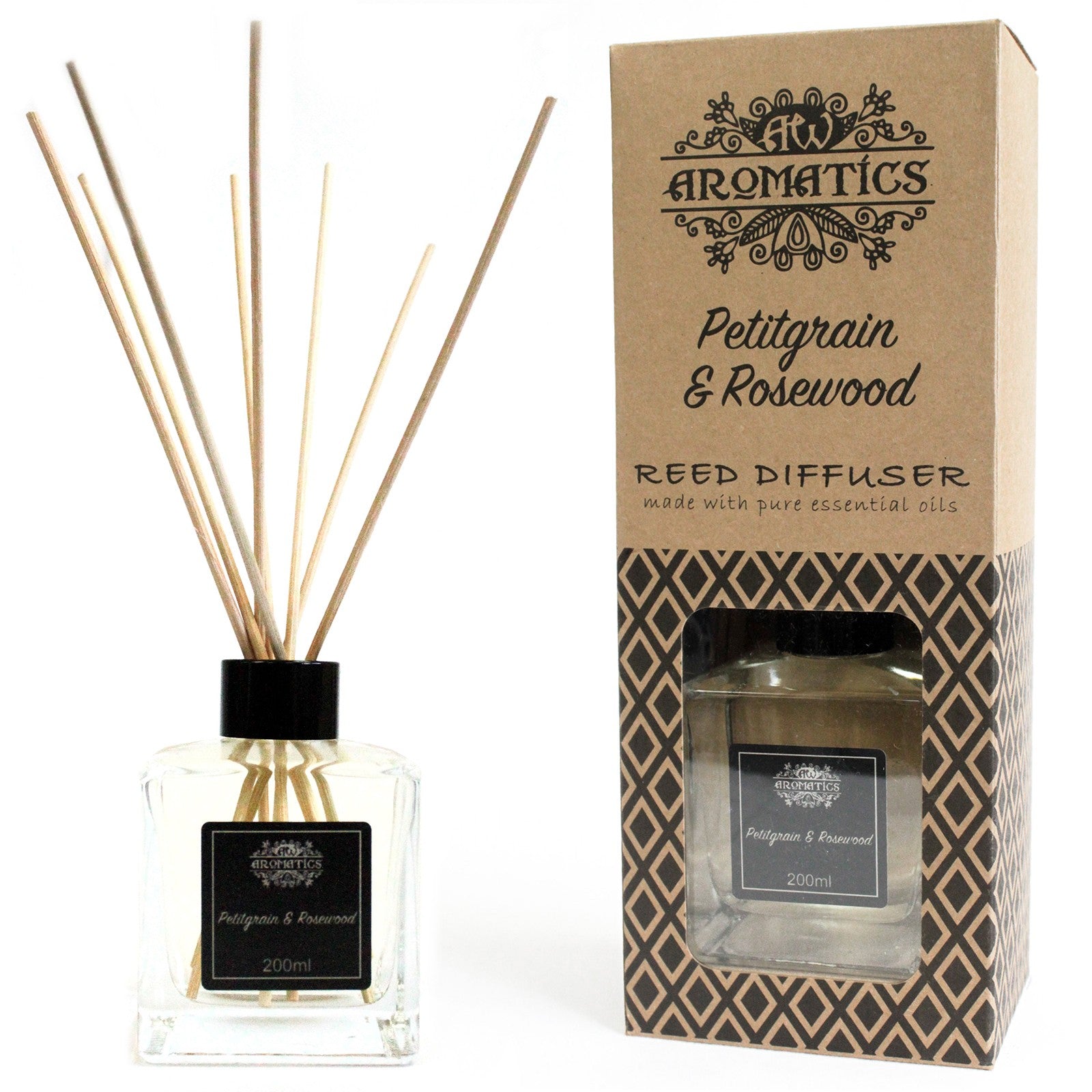 200ml reed diffuser with Petitgrain and Rosewood essential oils in gift box

