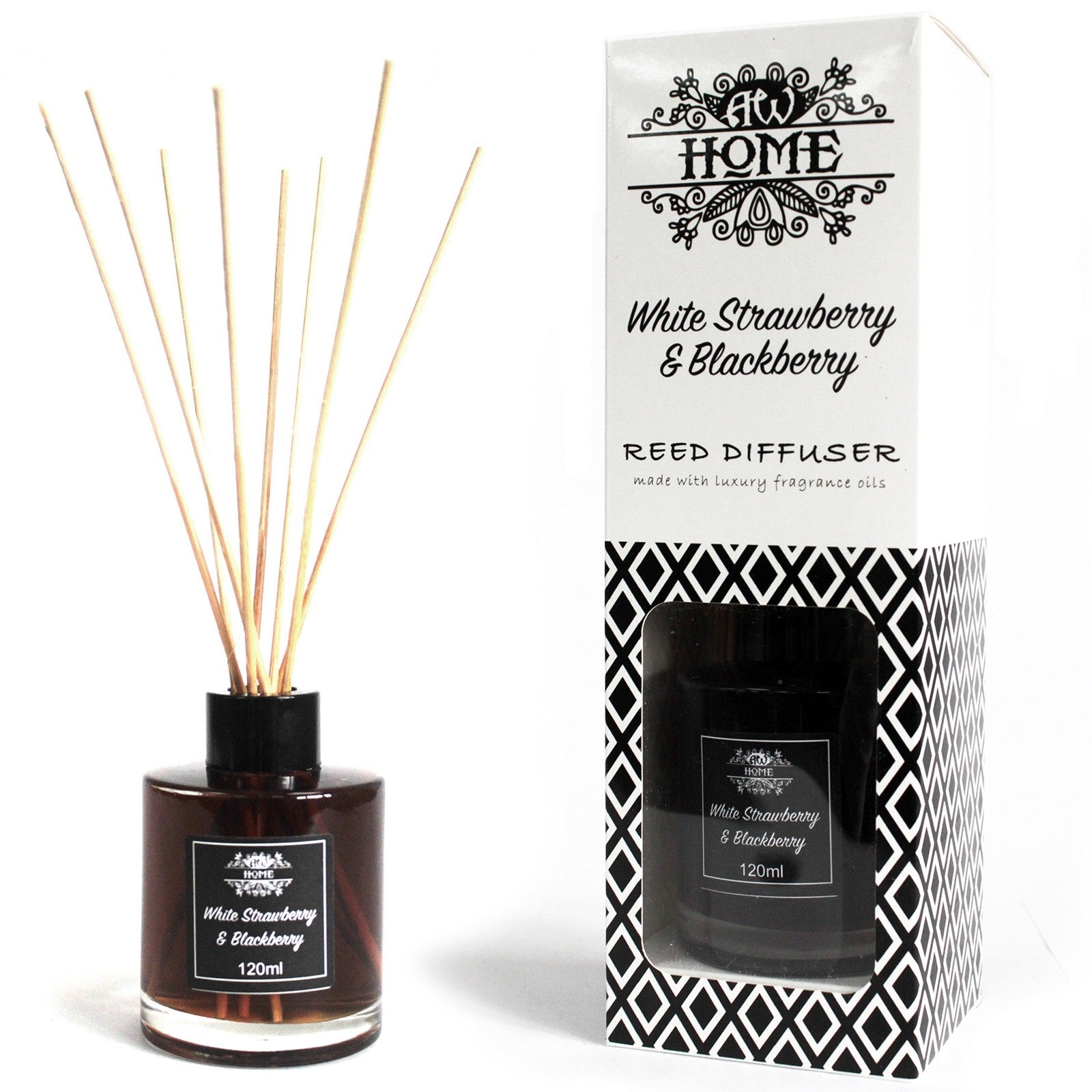 120ml reed diffuser with white strawberry and blackberry fragrance in glass bottle

