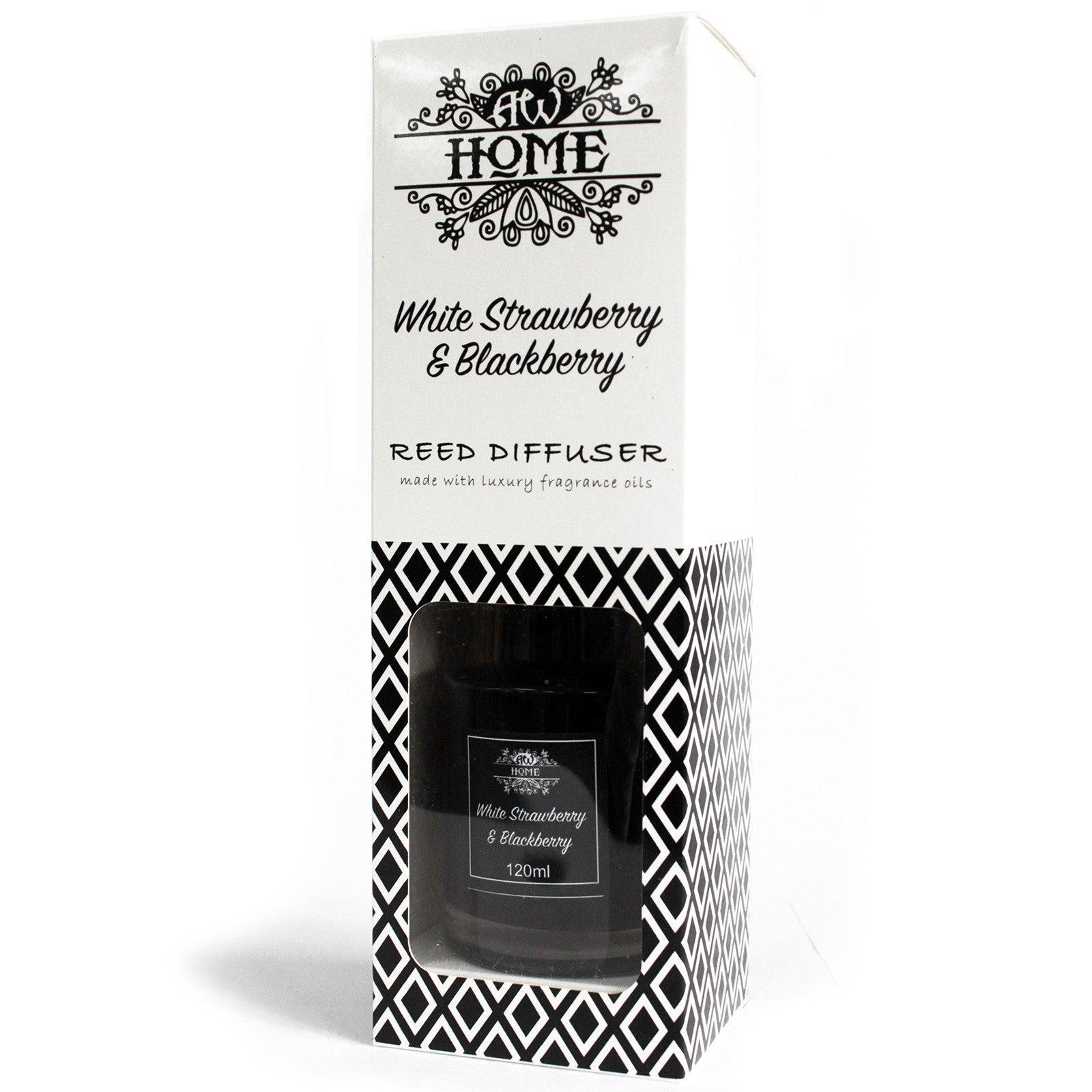 120ml reed diffuser with white strawberry and blackberry fragrance in glass bottle

