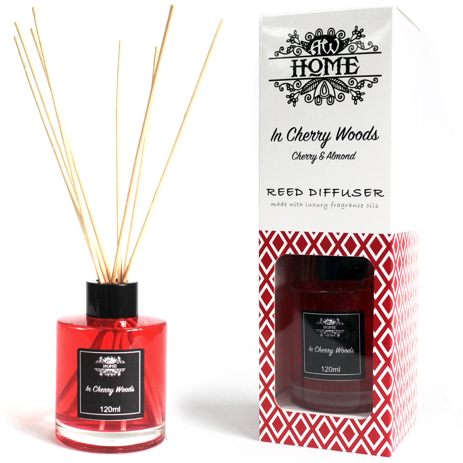 120ml reed diffuser with cherry and wood-inspired fragrance in glass bottle

