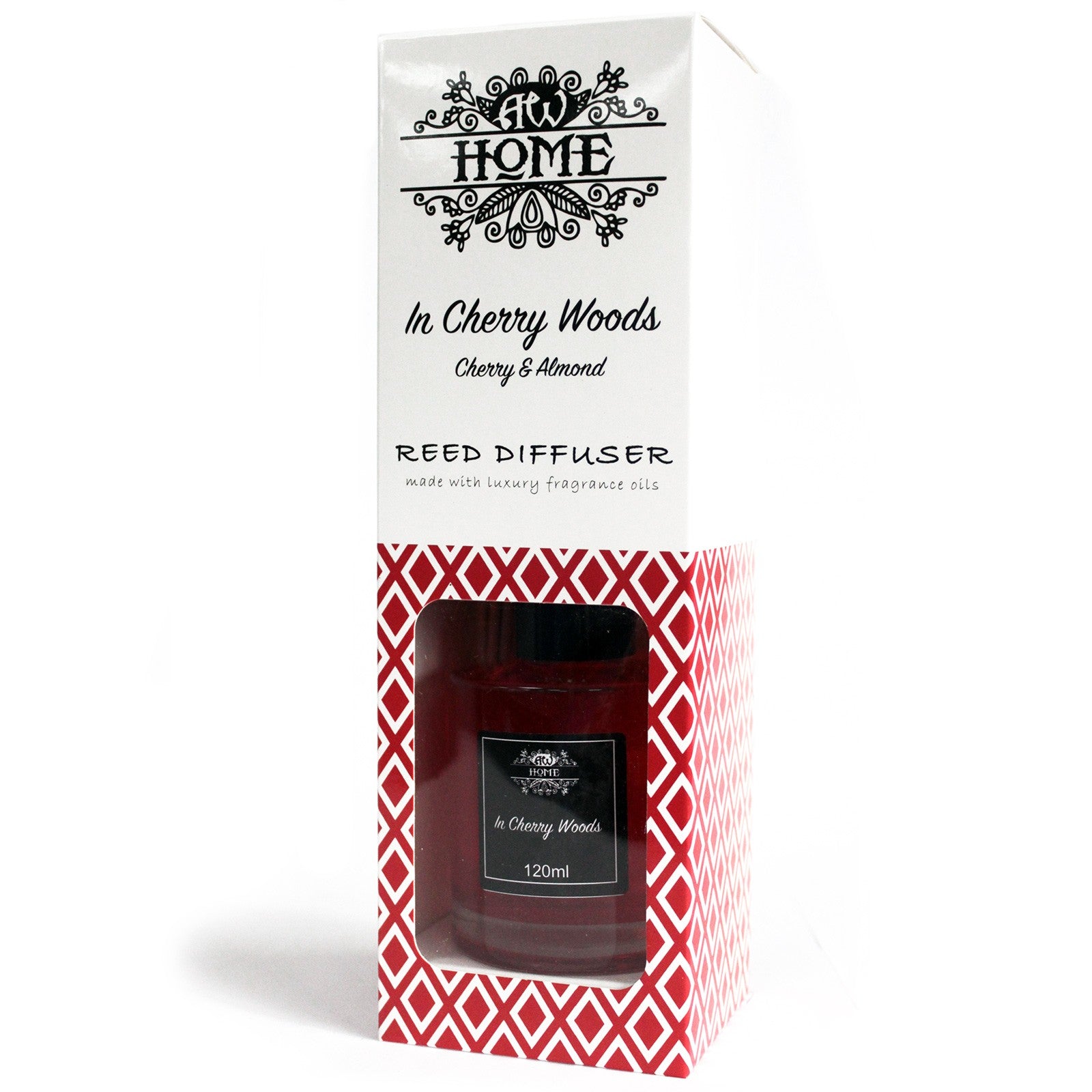 120ml reed diffuser with cherry and wood-inspired fragrance in glass bottle

