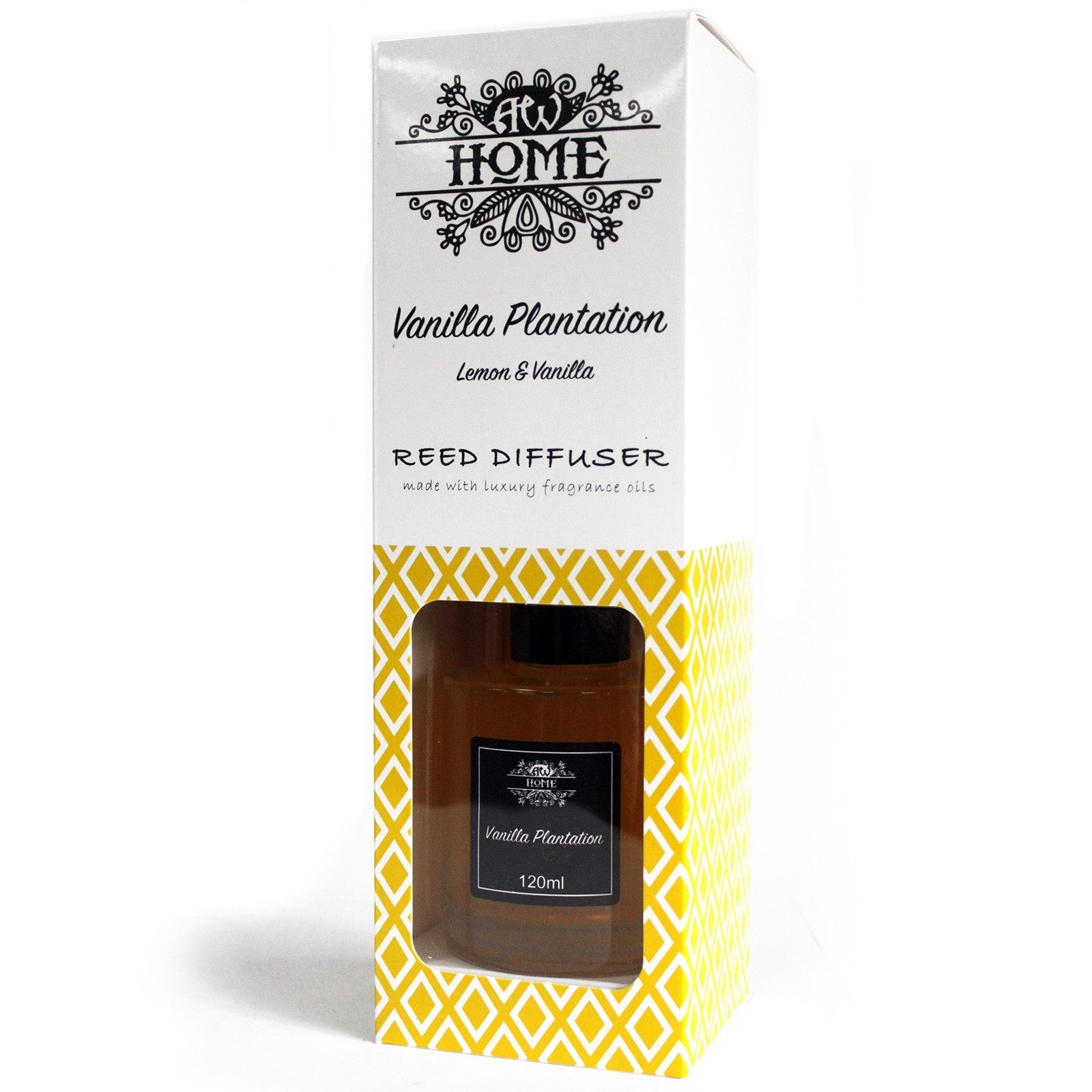 Vanilla Plantation 120ml reed diffuser in clear glass bottle with rattan reeds

