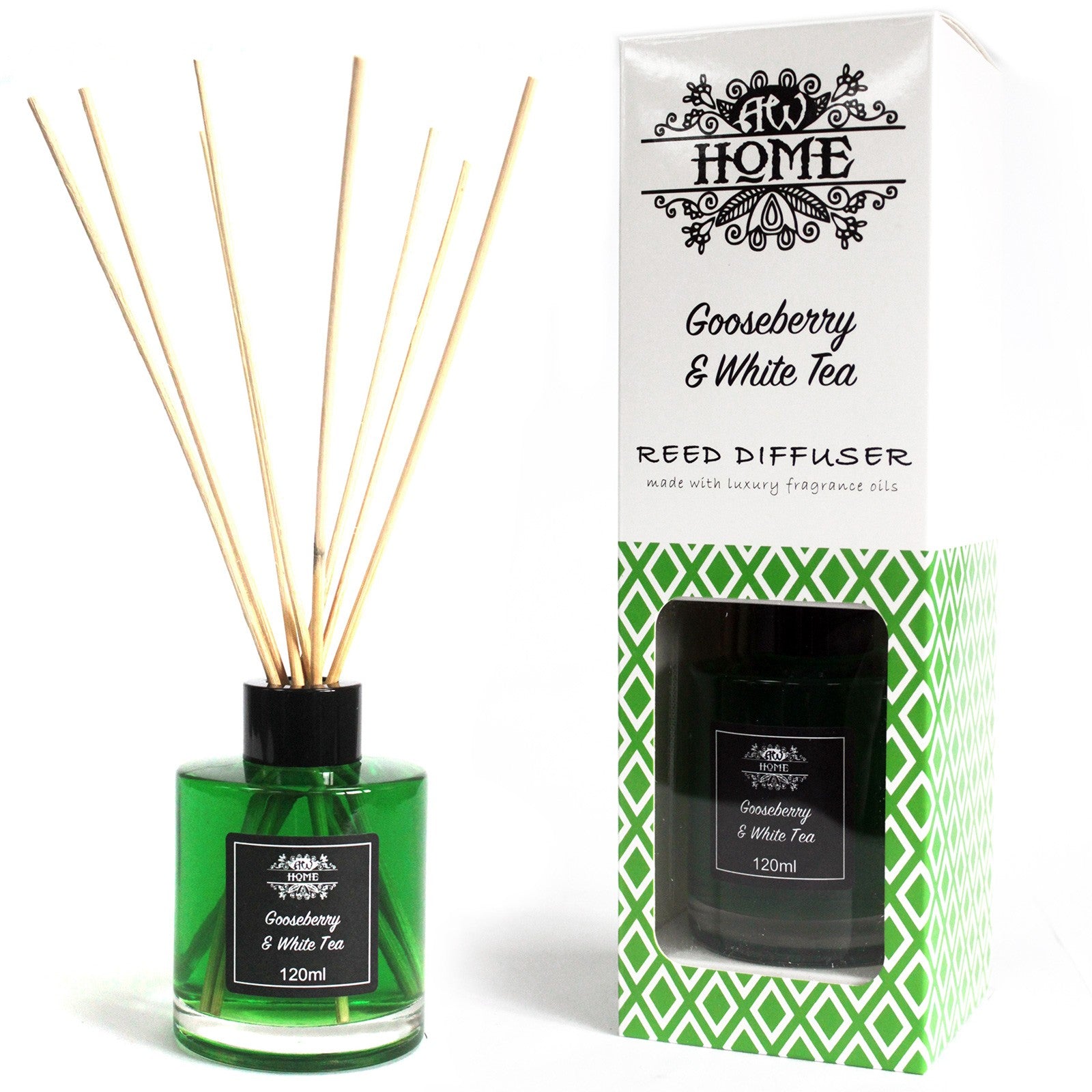 120ml reed diffuser with gooseberry and white tea fragrance in a clear glass bottle

