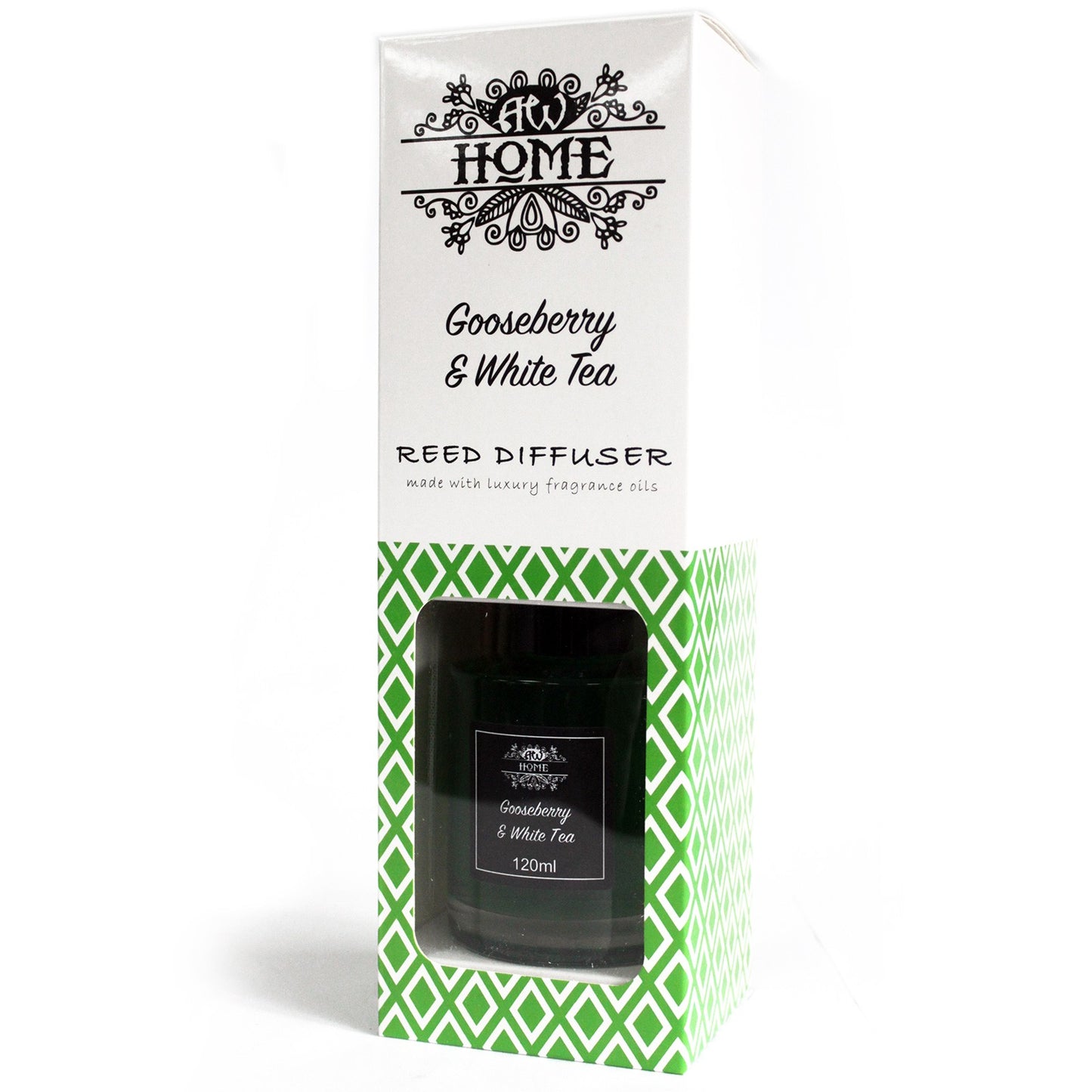 120ml reed diffuser with gooseberry and white tea fragrance in a clear glass bottle


