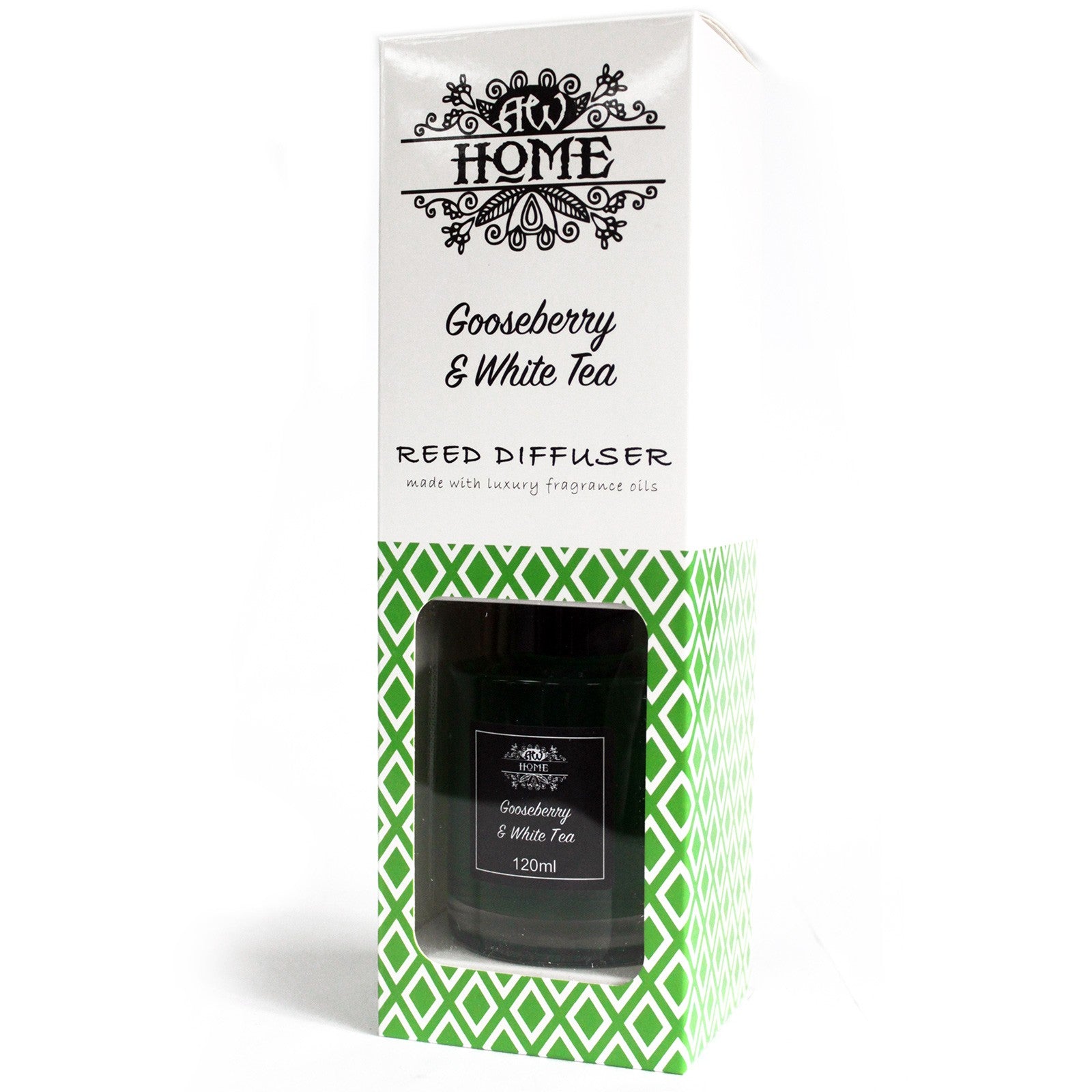 120ml reed diffuser with gooseberry and white tea fragrance in a clear glass bottle

