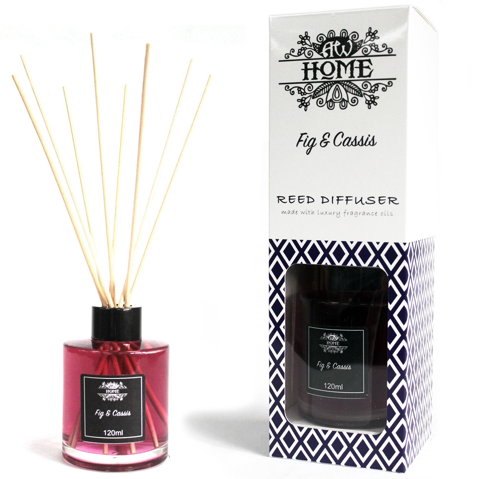 120ml reed diffuser with fig and cassis fragrance in a glass bottle

