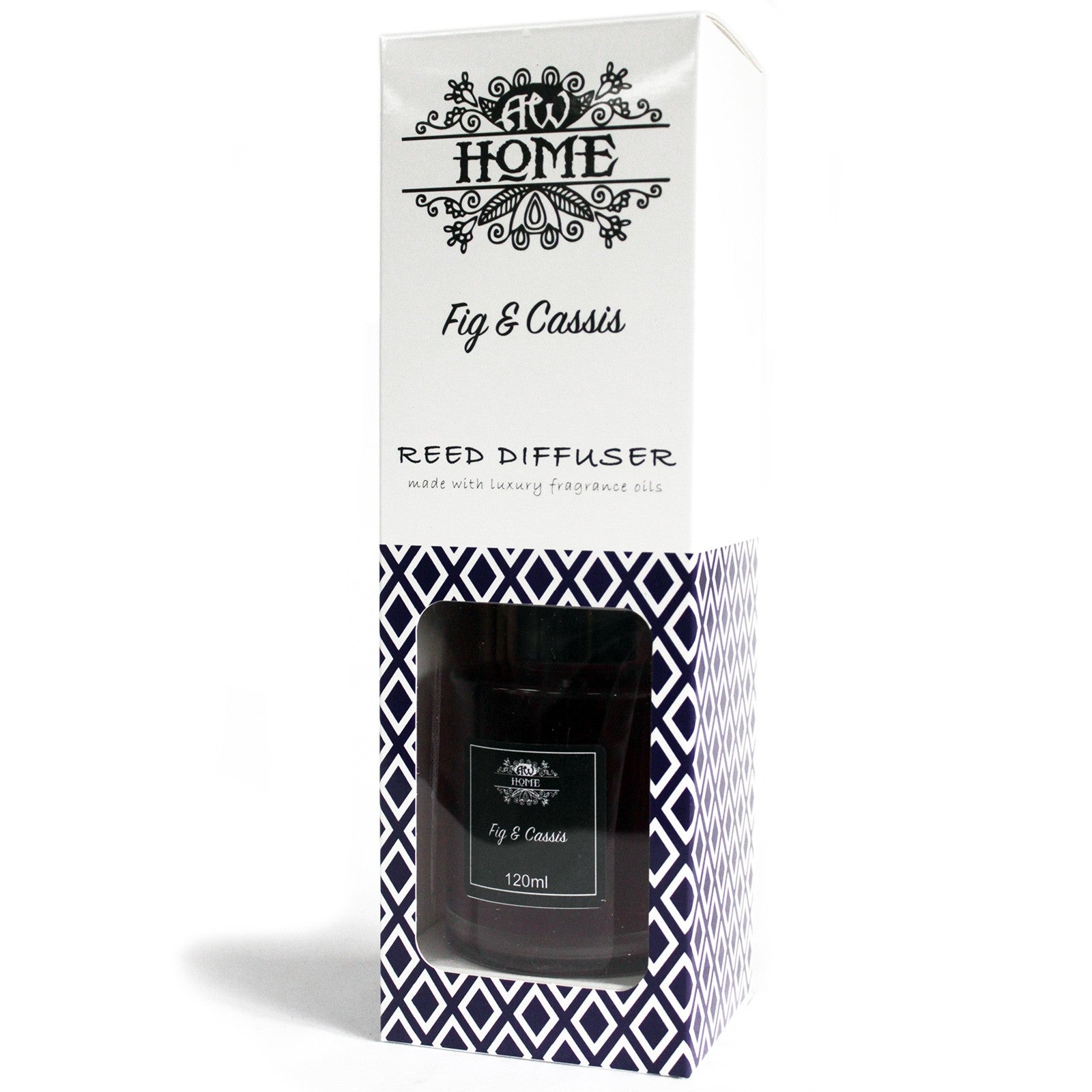120ml reed diffuser with fig and cassis fragrance in a glass bottle

