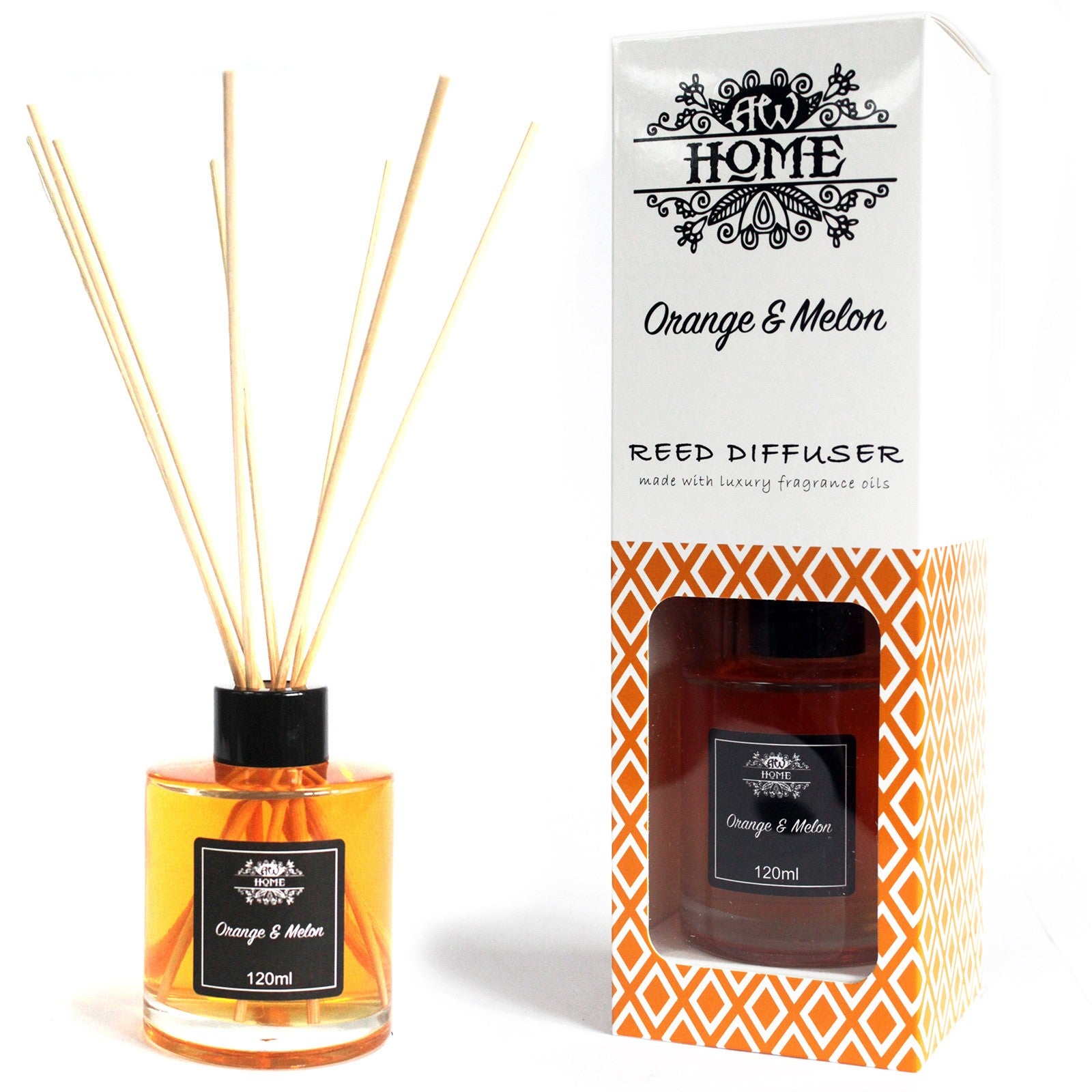 120ml reed diffuser with orange and melon fragrance in a clear glass bottle

