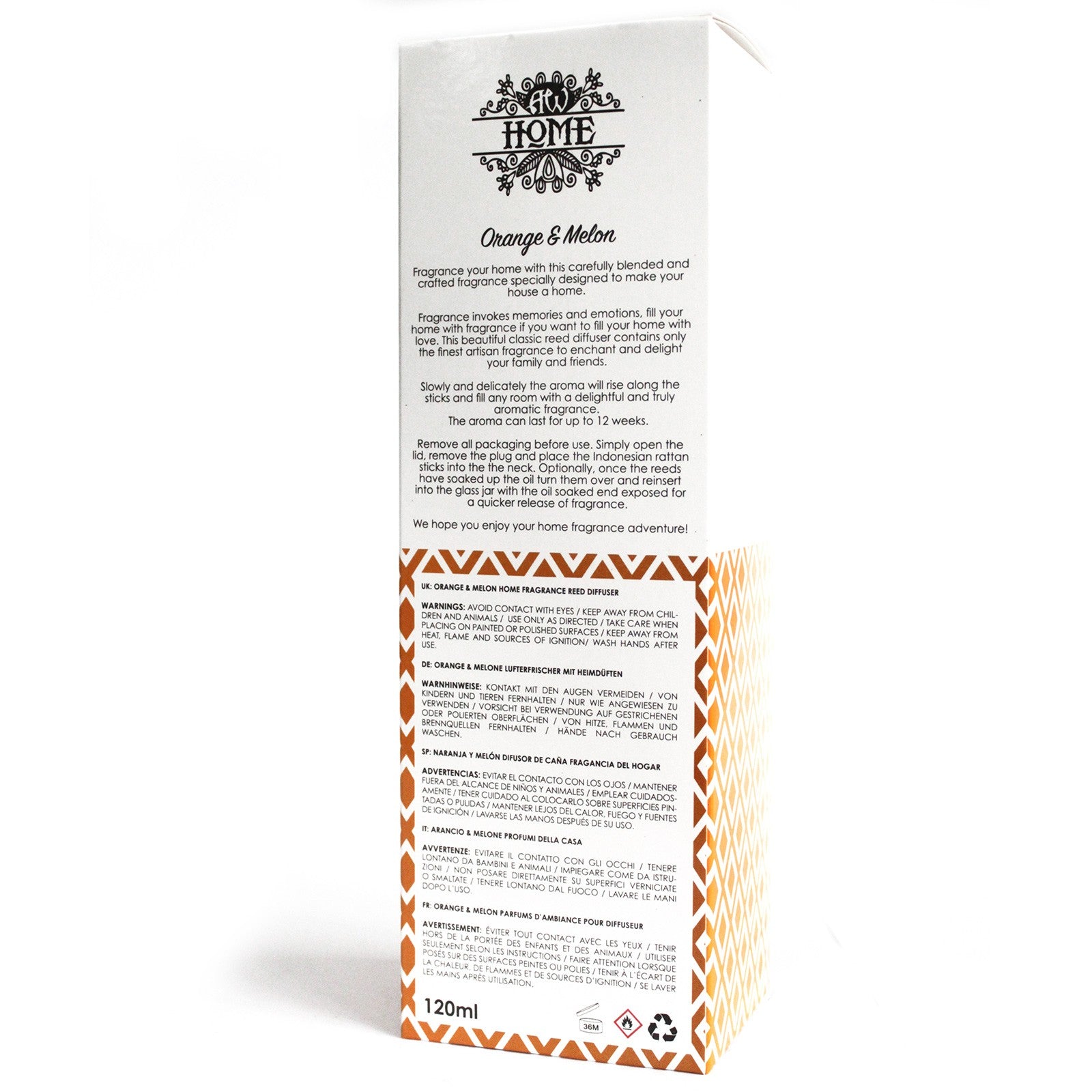 120ml reed diffuser with orange and melon fragrance in a clear glass bottle

