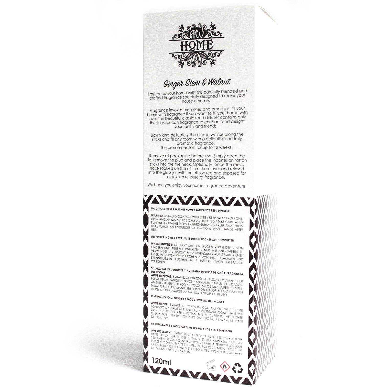 Ginger Stem & Walnut 120ml reed diffuser in clear glass bottle

