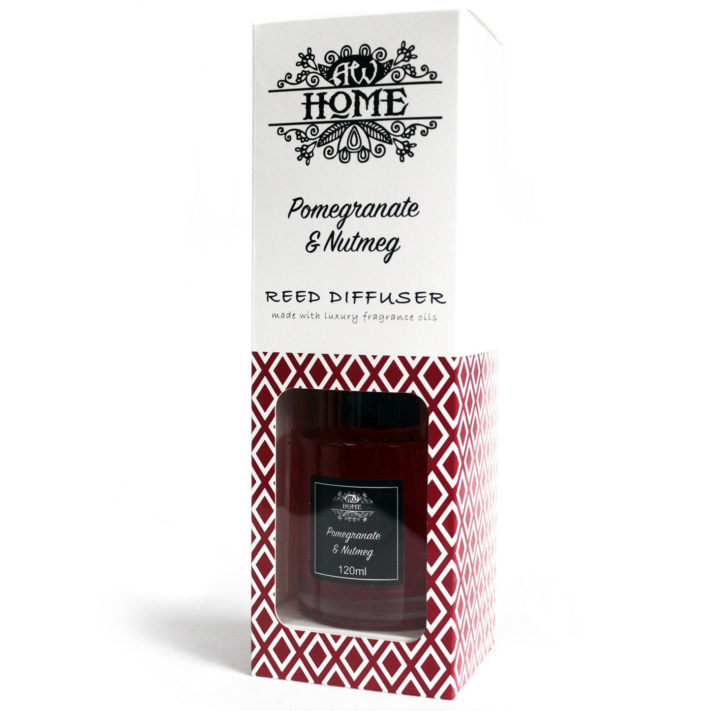 Pomegranate & Nutmeg 120ml reed diffuser in clear bottle with rattan reeds

