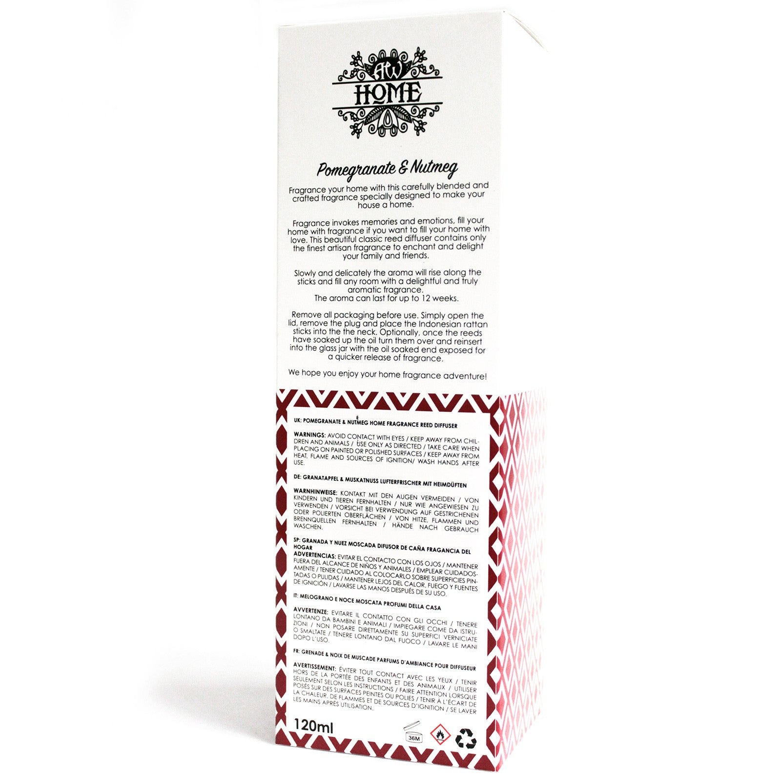Pomegranate & Nutmeg 120ml reed diffuser in clear bottle with rattan reeds

