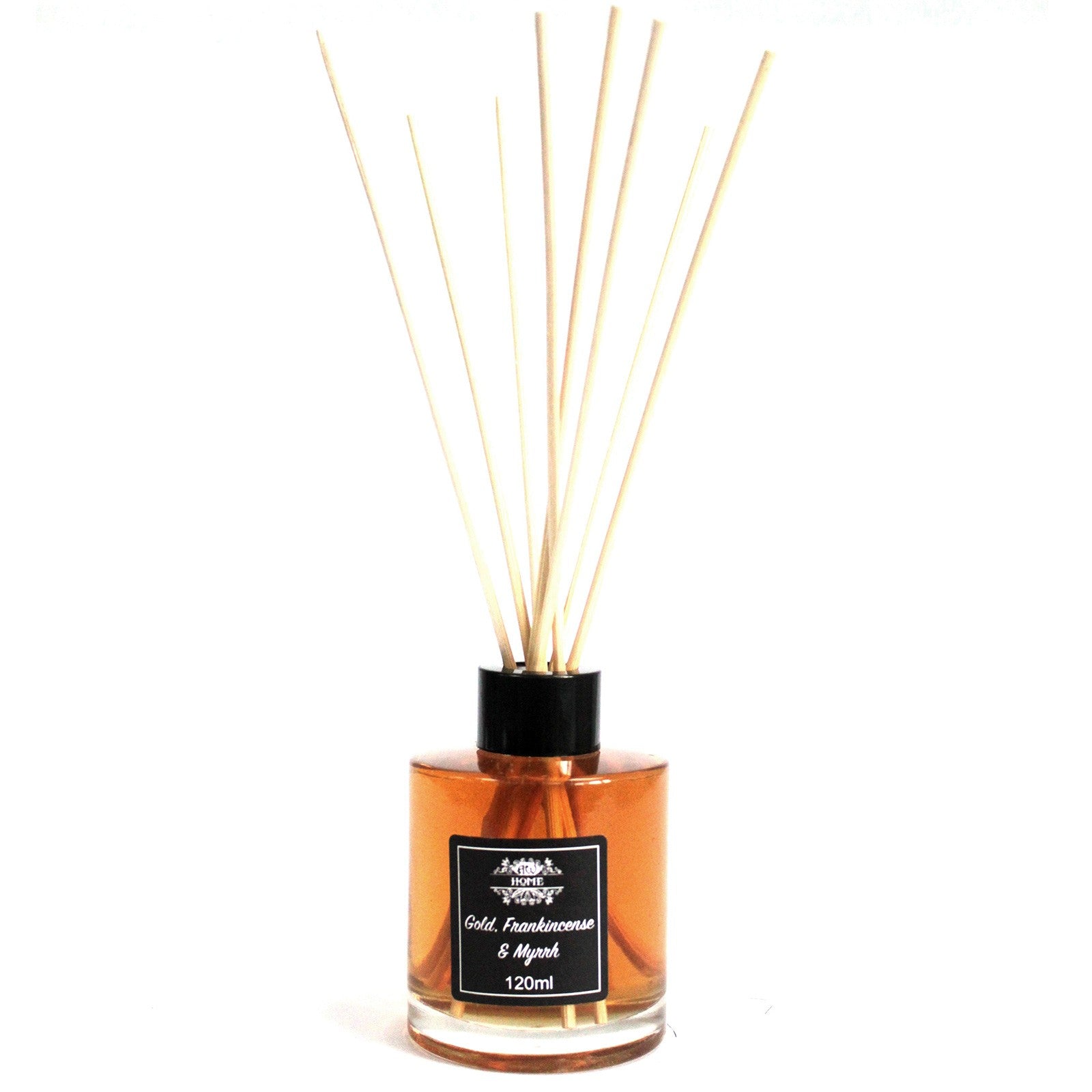 Gold, Frankincense & Myrrh 120ml reed diffuser in clear glass bottle with rattan sticks

