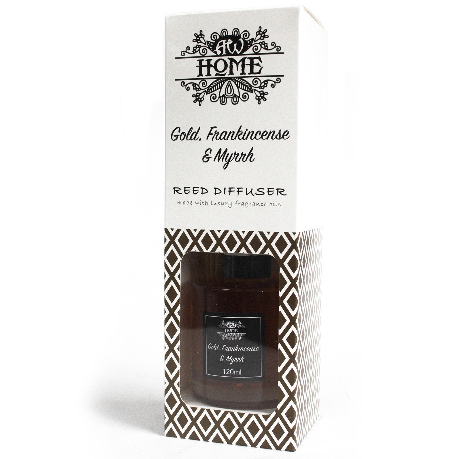 Gold, Frankincense & Myrrh 120ml reed diffuser in clear glass bottle with rattan sticks

