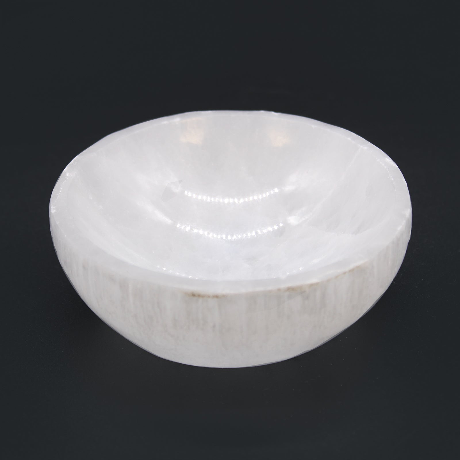 Selenite Round Bowl – 10cm, smooth hand-carved Moroccan bowl with moonlike glow

