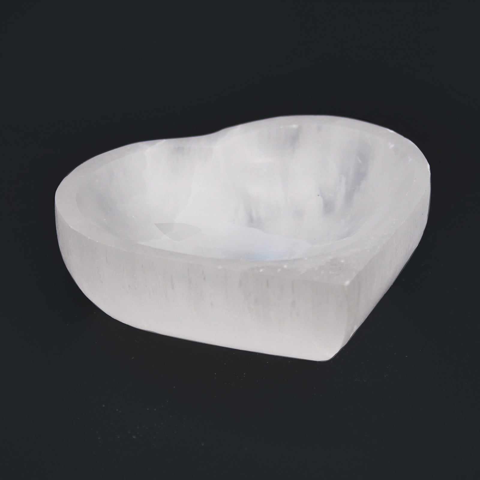Selenite Heart Bowl – 10cm, moonlit Moroccan selenite in a carved heart shape

