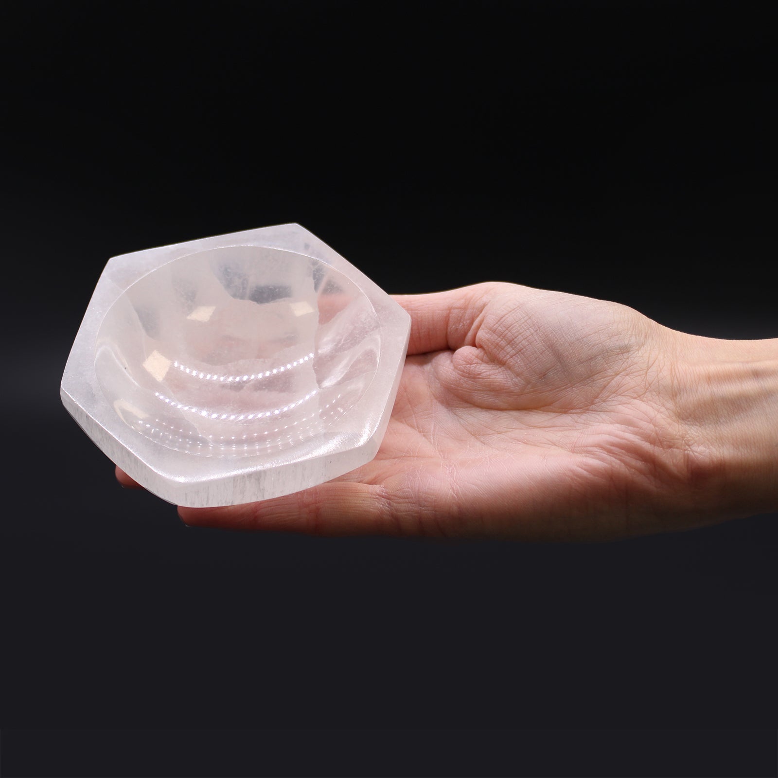 Selenite Hex Bowl – 10cm, hexagonal Moroccan selenite with moon-like sheen

