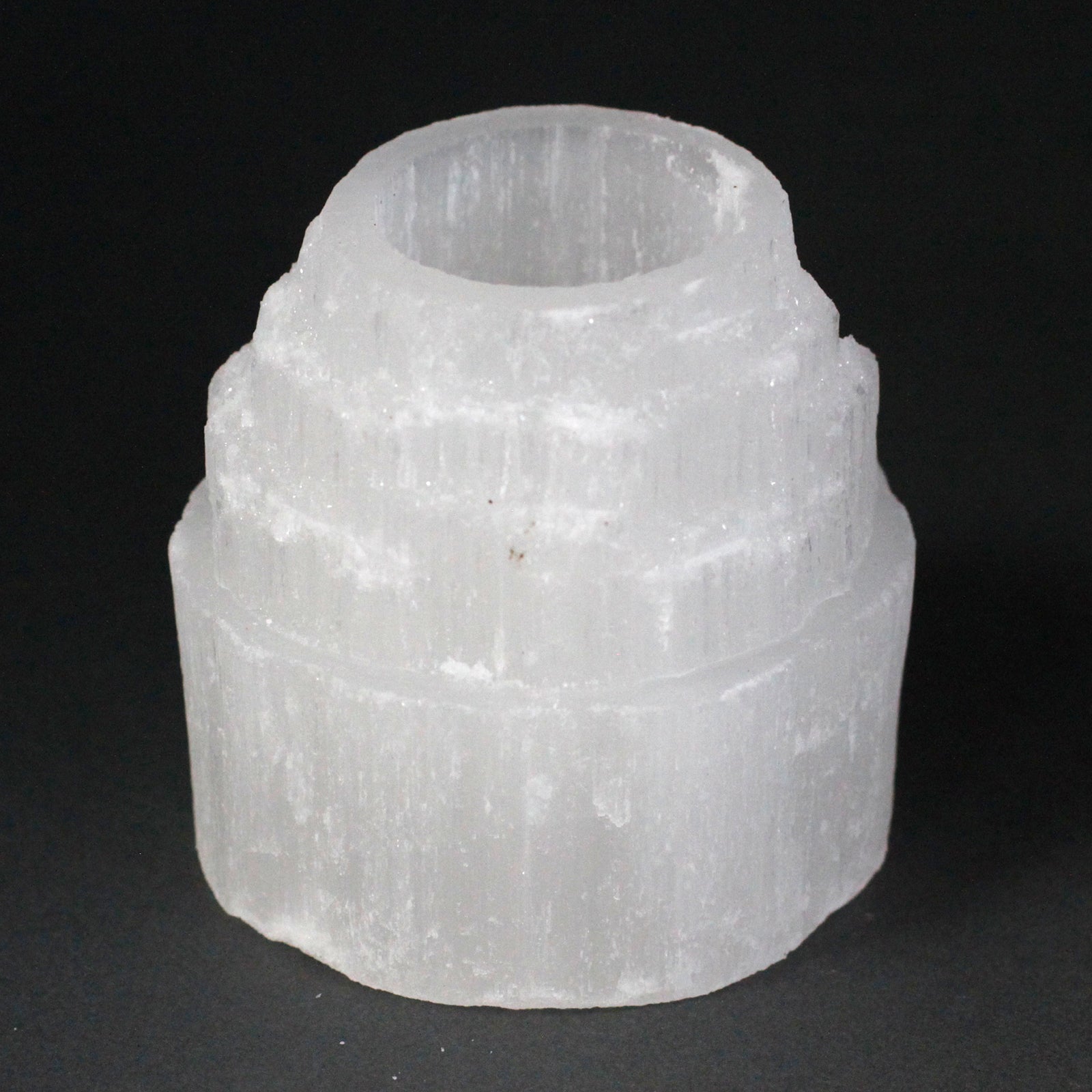 Selenite Mountain Top Candle Holder – 8cm round crystal tea light holder with glowing translucent sides