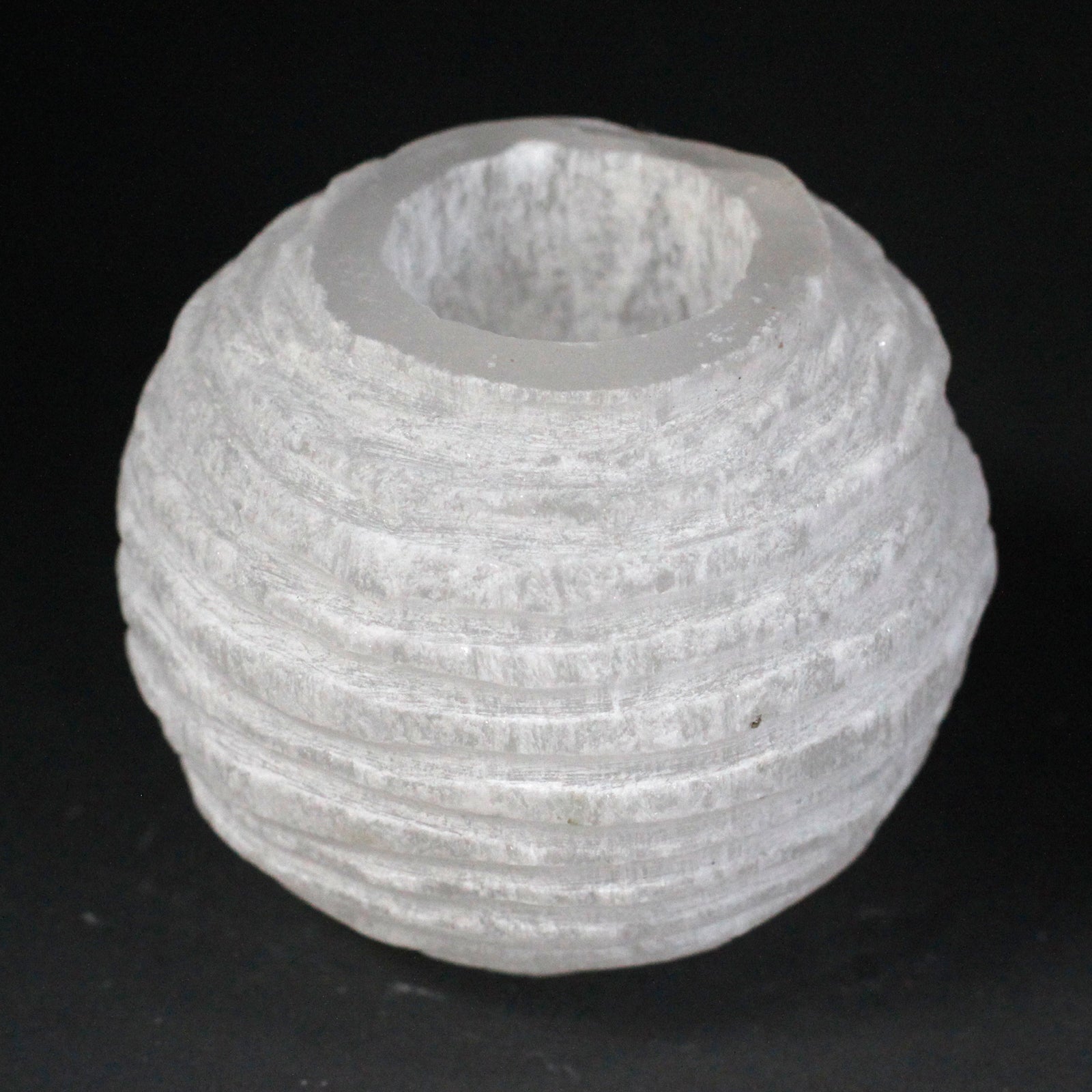 Selenite Snowball Candle Holder – 8cm rounded crystal tea light holder with textured ridges
