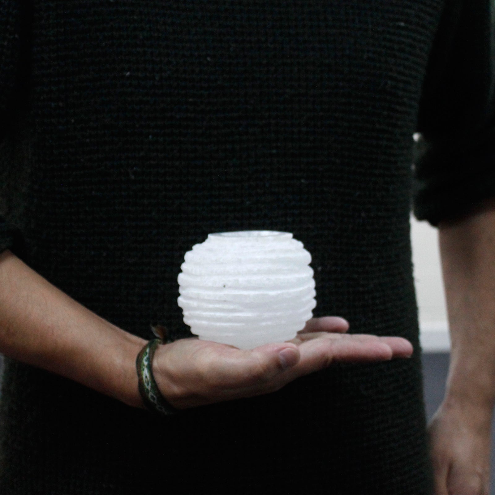 Selenite Snowball Candle Holder – 8cm rounded crystal tea light holder with textured ridges
