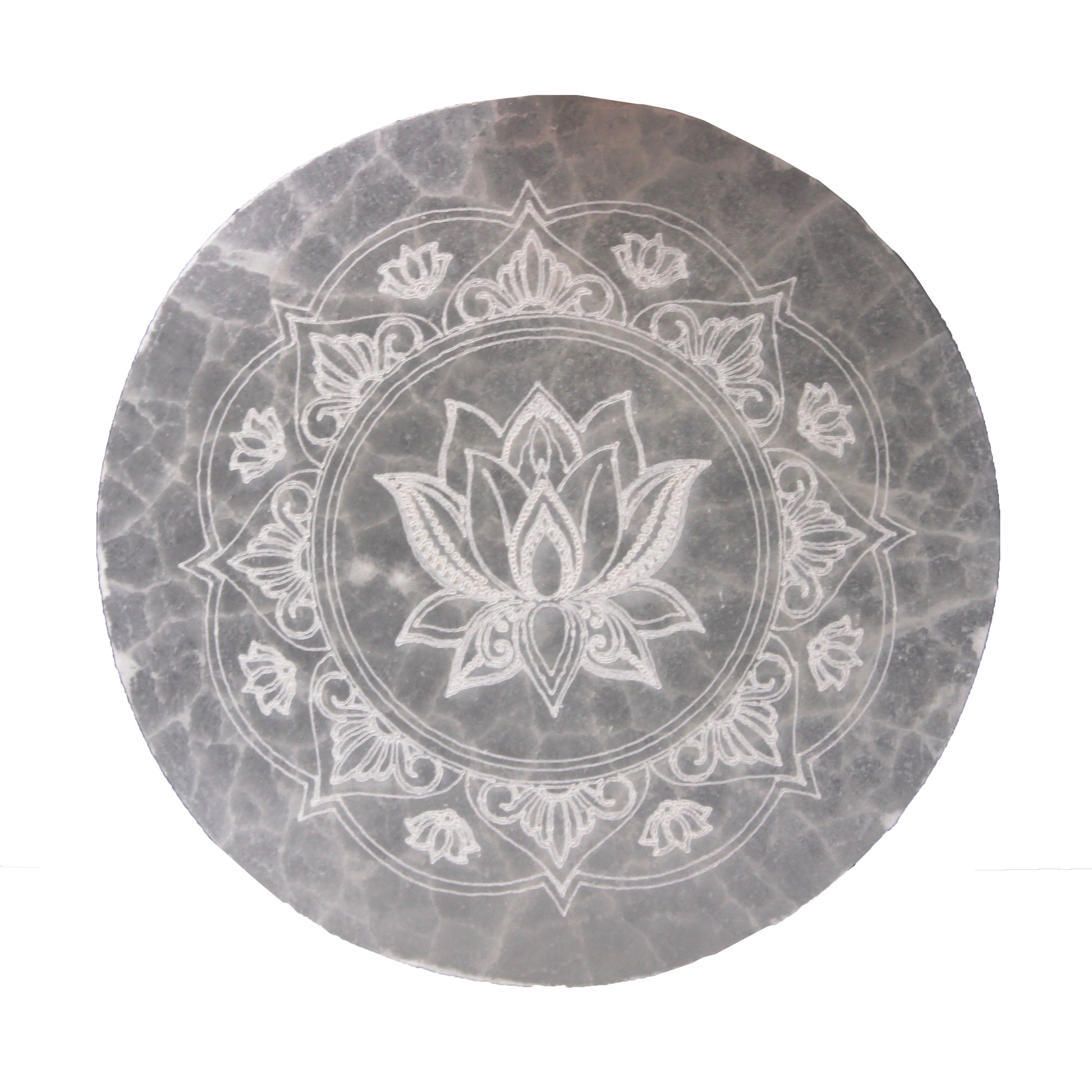 Selenite charging plate 10cm with engraved lotus mandala design

