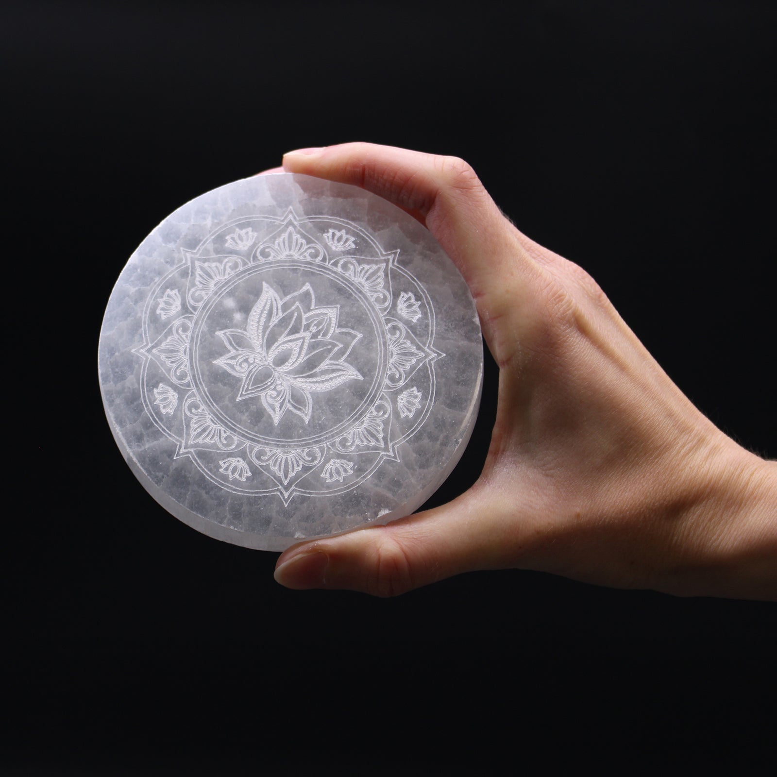 Selenite charging plate 10cm with engraved lotus mandala design

