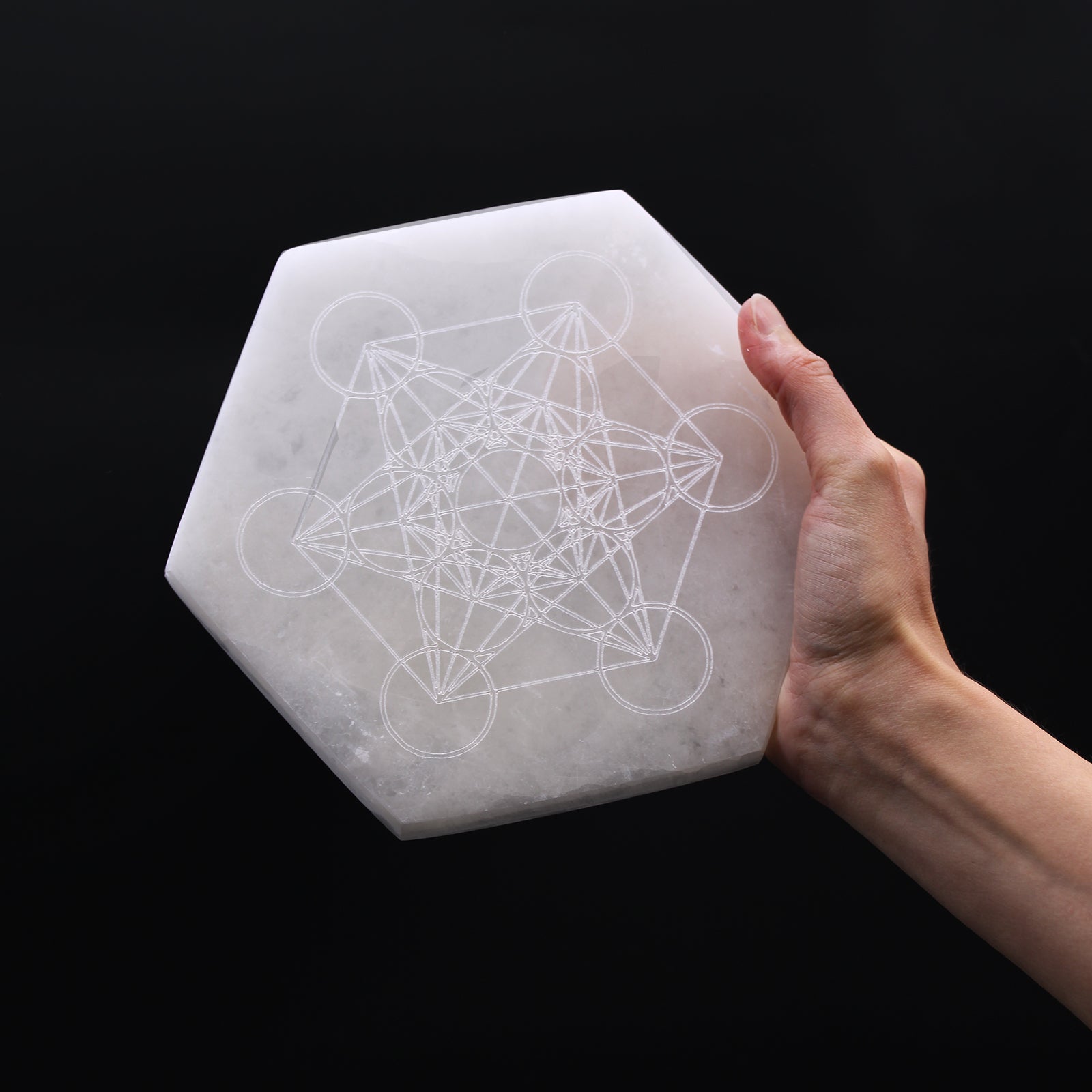 Hexagonal selenite charging plate 18cm with Metatron’s Cube engraving


