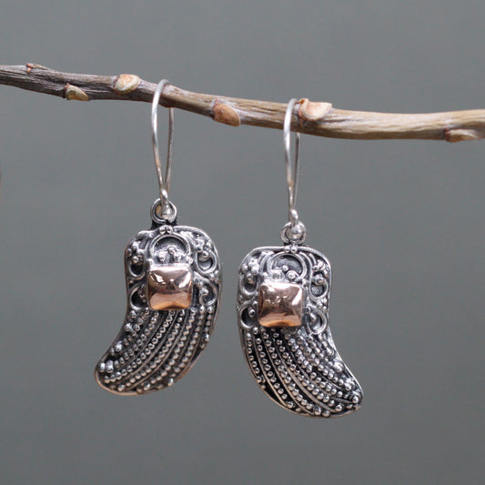 "Angel wing earrings made of 925 silver with detailed beading and 18k gold accent, handcrafted in Indonesia."