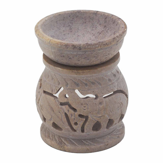 Natural stone soapstone oil burner with carved elephant motif and bowl – 8cm size

