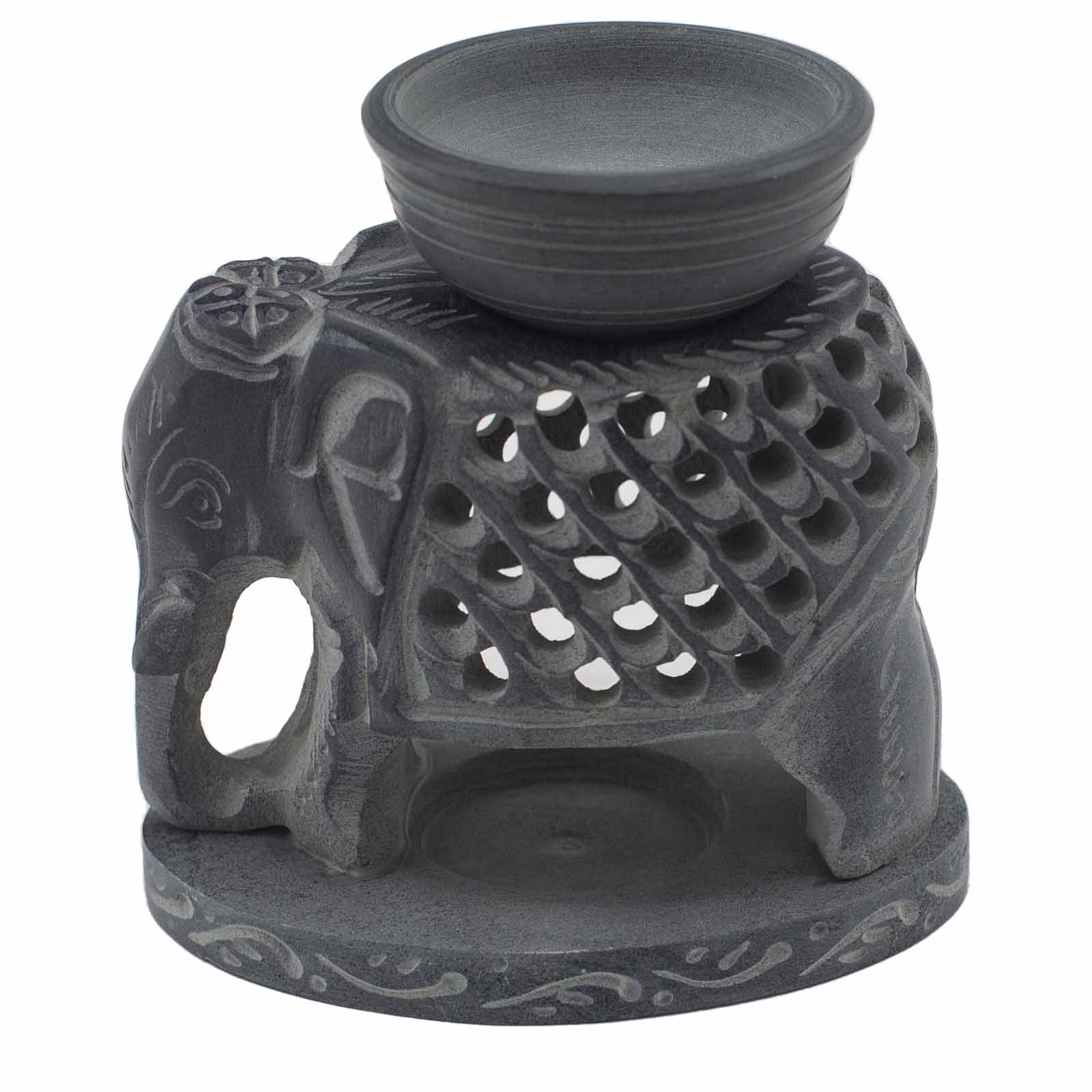 Charcoal grey soapstone oil burner carved into a standing elephant design with top bowl for essential oils

