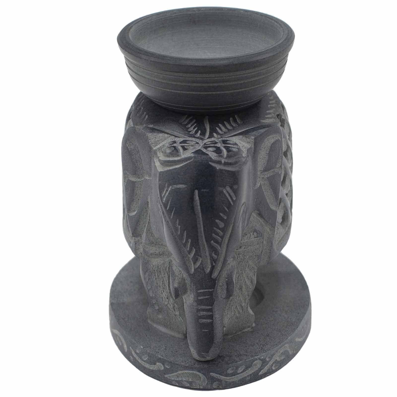 Charcoal grey soapstone oil burner carved into a standing elephant design with top bowl for essential oils

