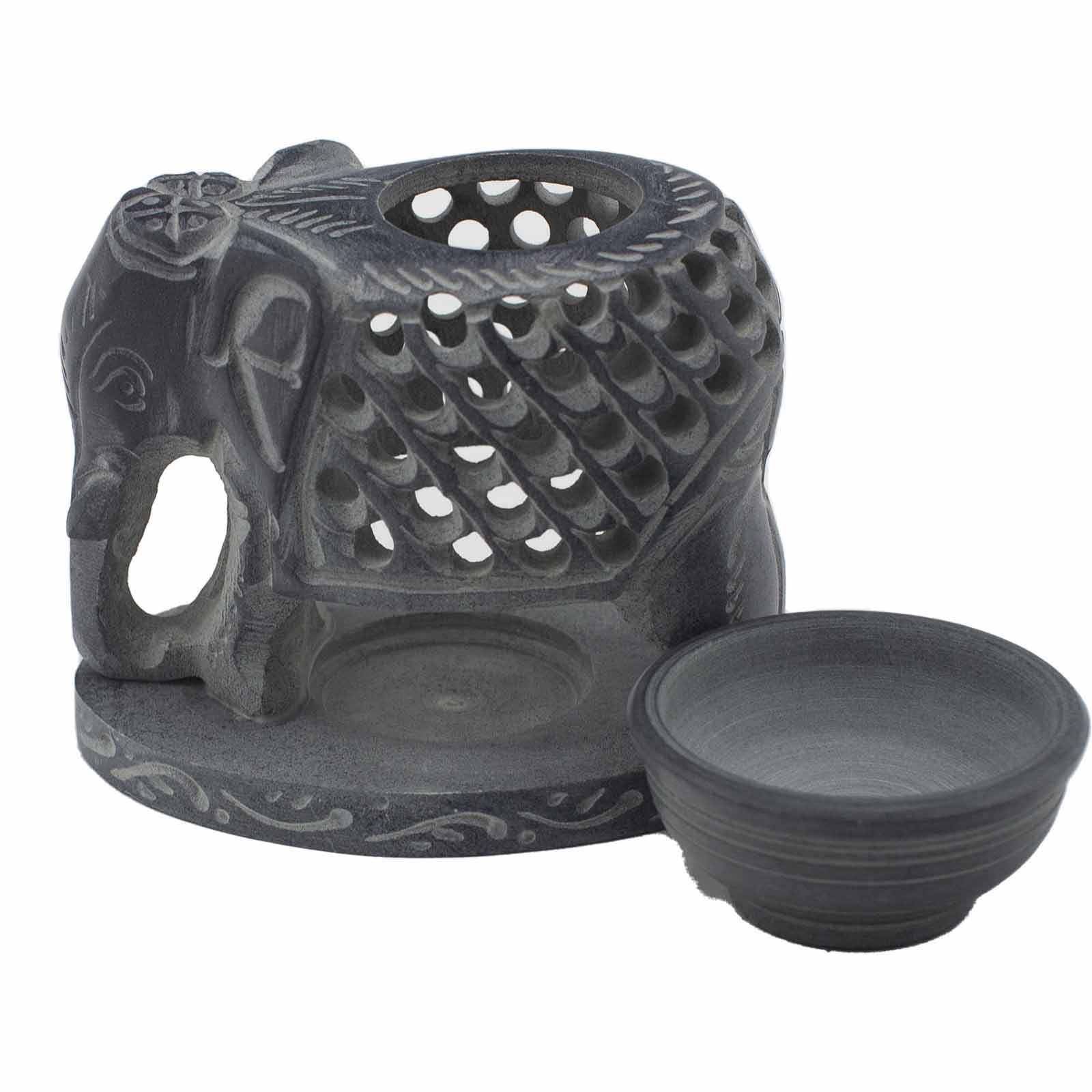 Charcoal grey soapstone oil burner carved into a standing elephant design with top bowl for essential oils

