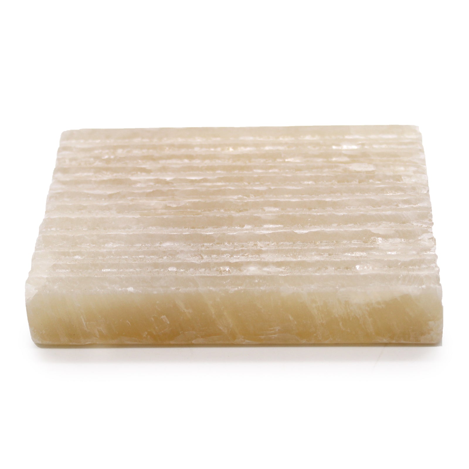 Honey Onyx square soap dish with carved grooves for drainage, handcrafted from natural stone.

