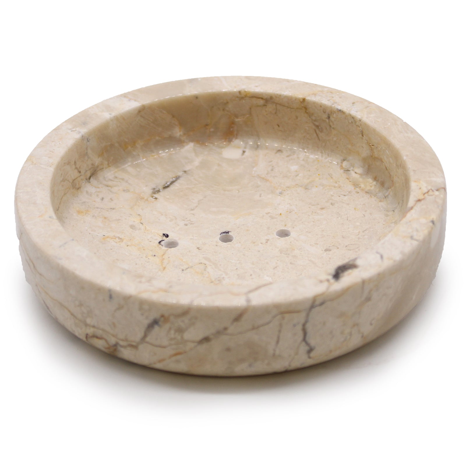 Round honey marble soap dish with drainage holes, handcrafted with natural veining.

