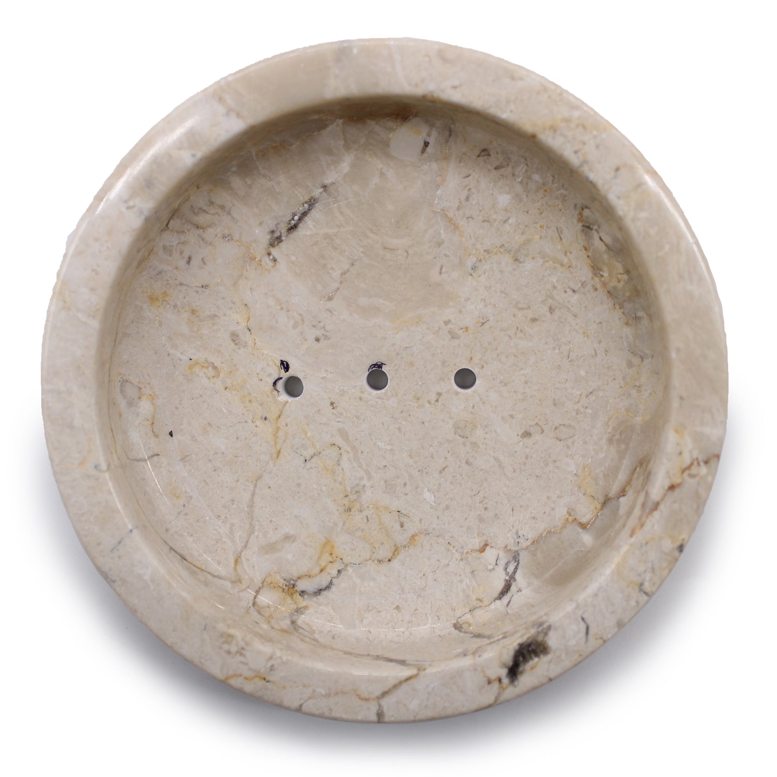 Round honey marble soap dish with drainage holes, handcrafted with natural veining.

