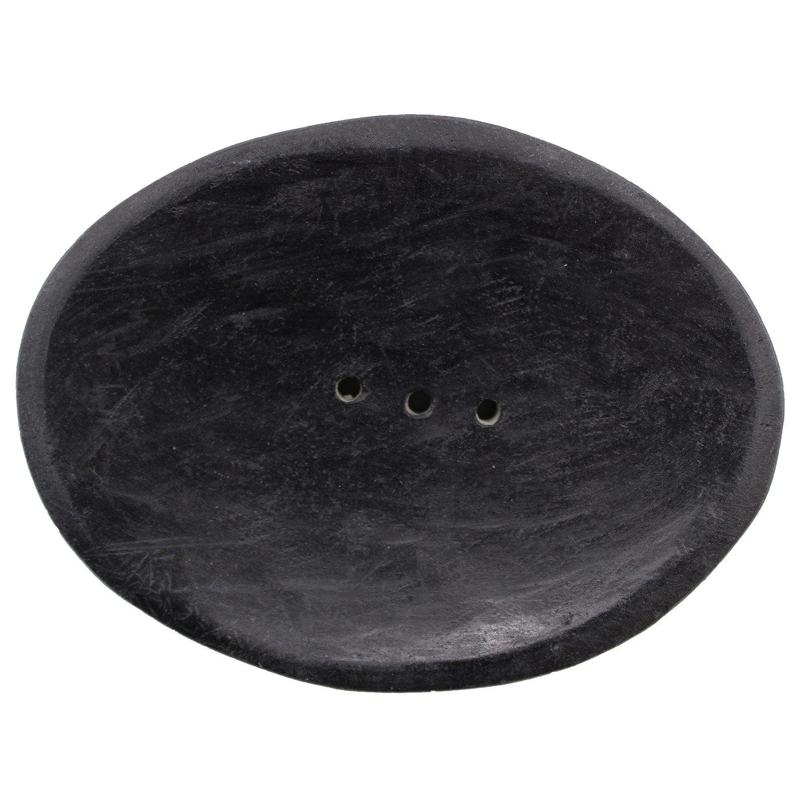 Oval black marble soap dish with drainage holes, handcrafted and minimalist.


