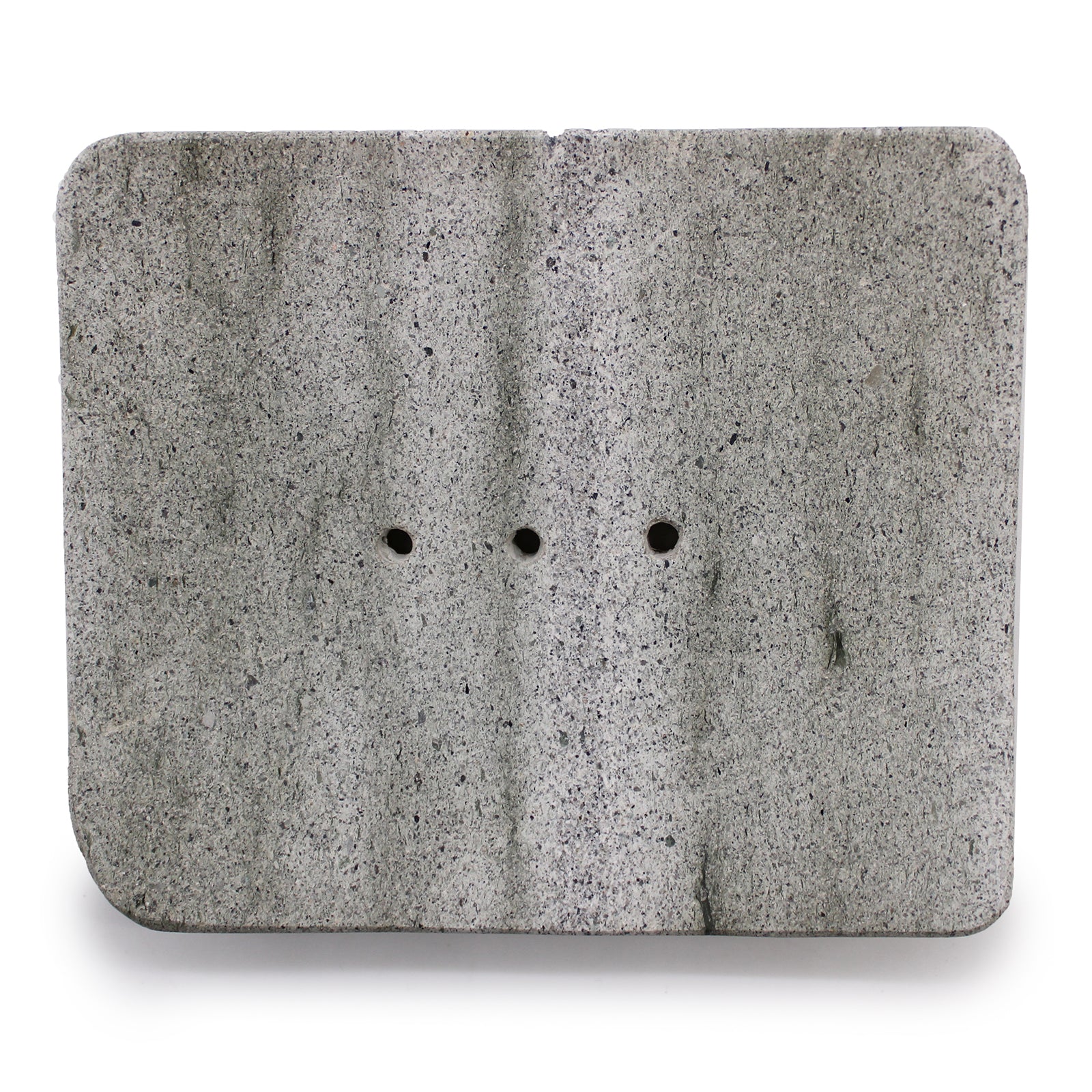 Square grey zeolite stone soap dish with drainage holes, minimalist and handcrafted.

