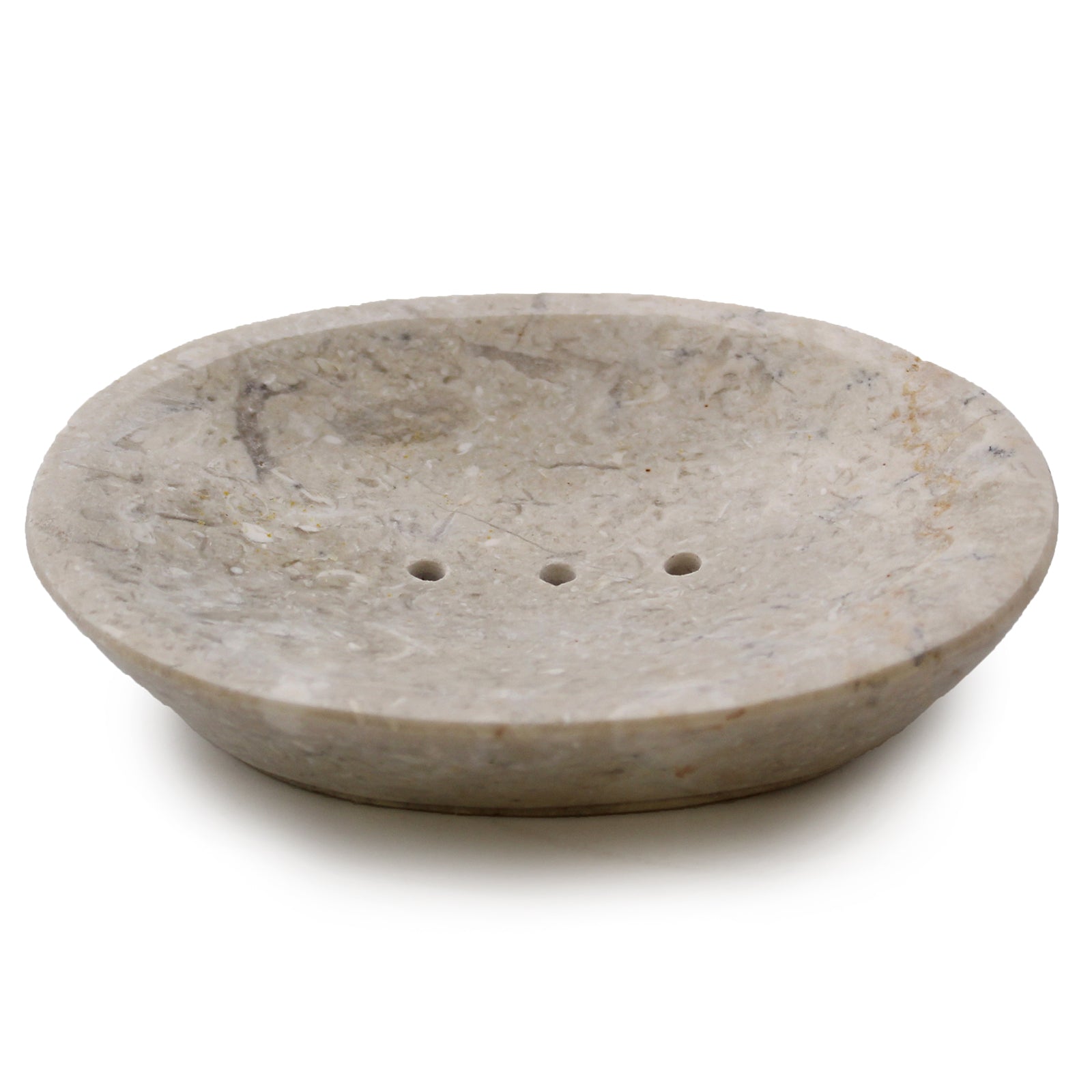 Classic oval cream marble soap dish with drainage holes, handcrafted and natural.

