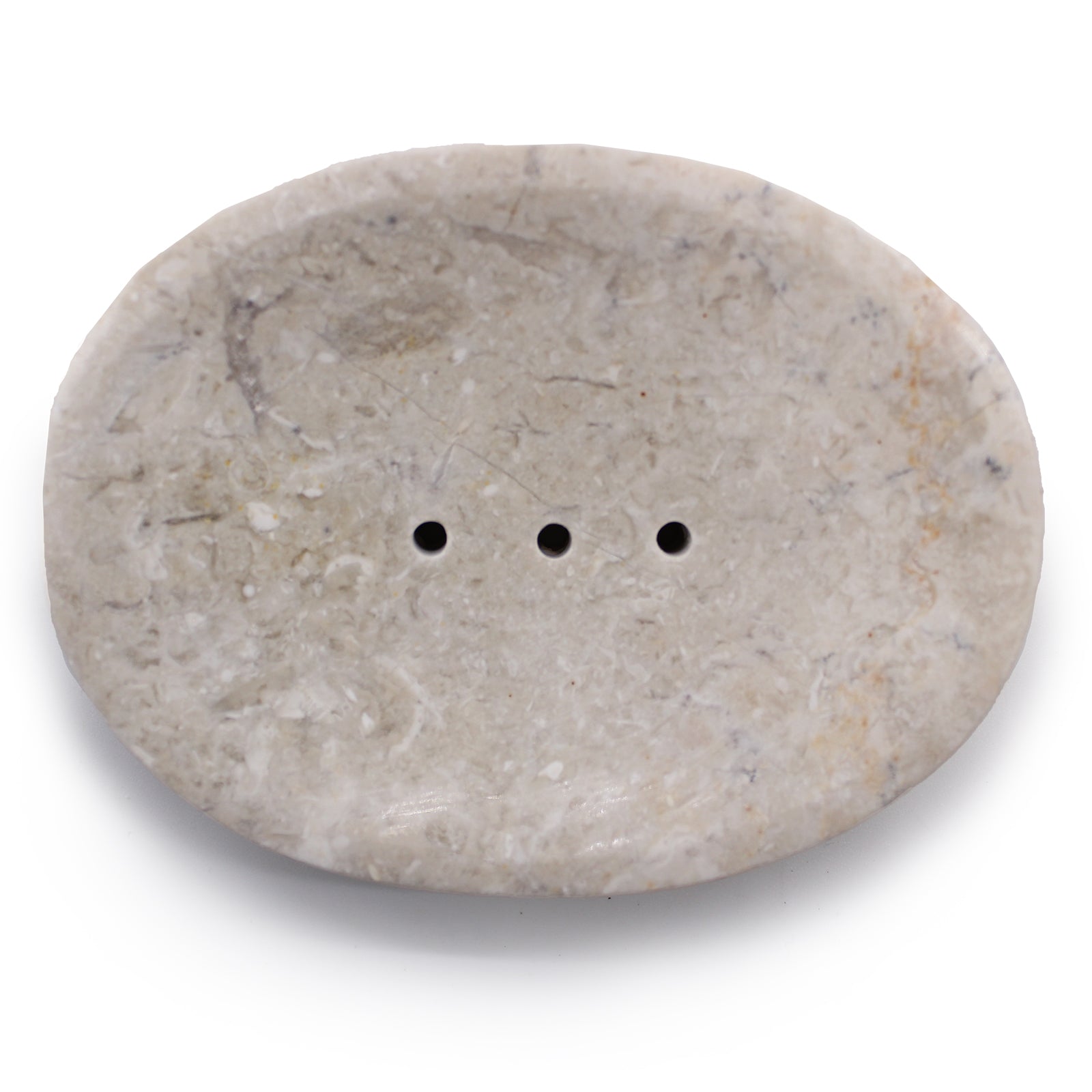 Classic oval cream marble soap dish with drainage holes, handcrafted and natural.

