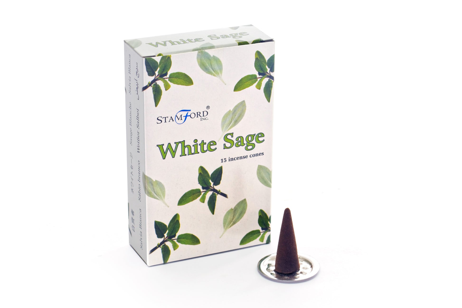 Stamford Premium White Sage incense cones with a clean, herbal aroma. Includes 15 cones and a metal holder, perfect for spiritual cleansing.


