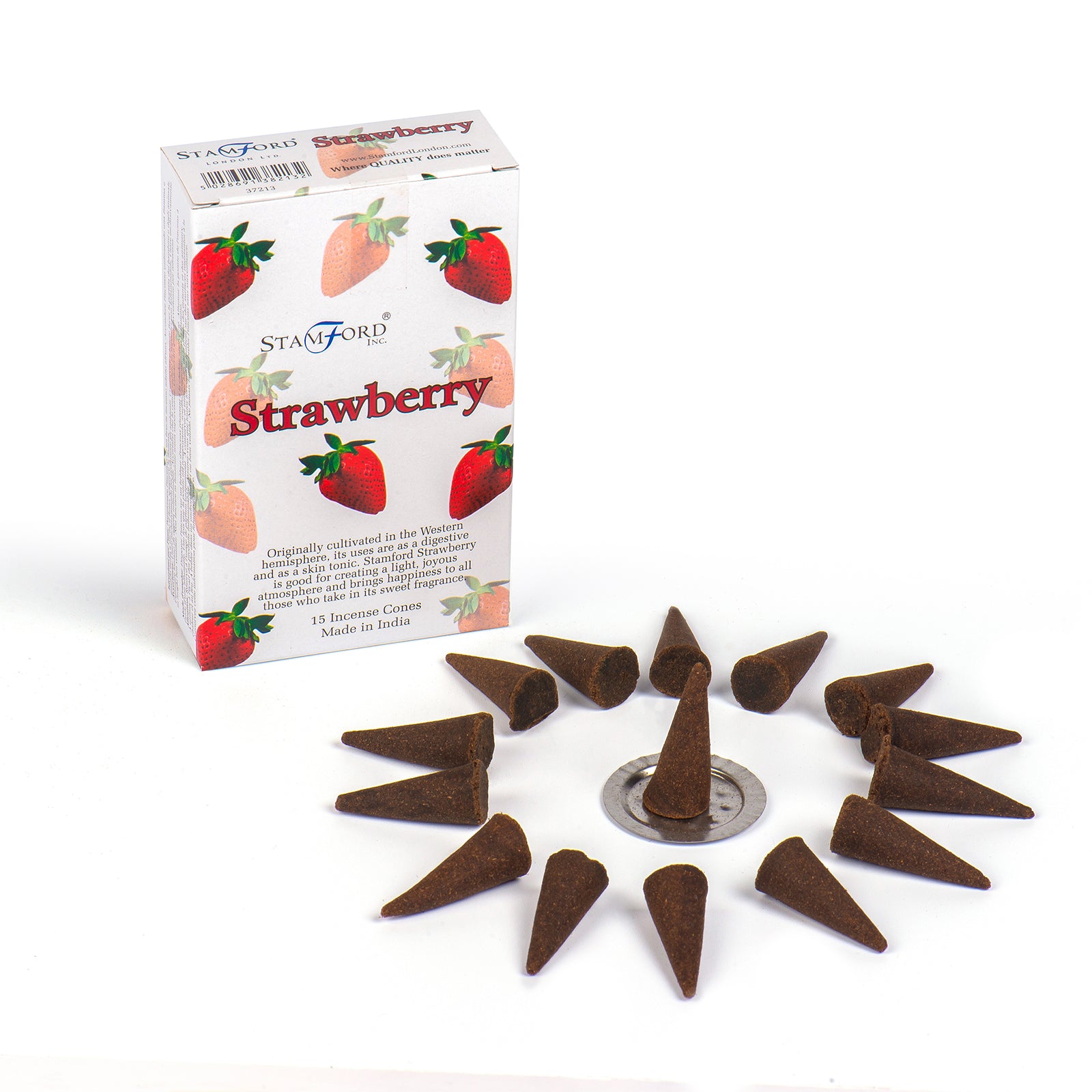 Stamford Premium Strawberry incense cones with fruity, sweet fragrance. Includes 15 cones and a metal holder for easy and safe burning.

